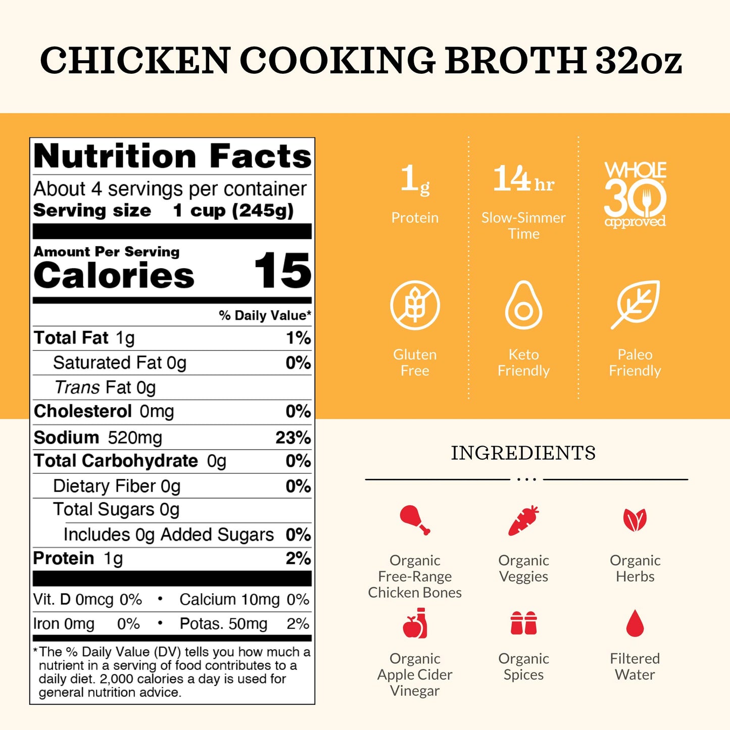 Kettle and Fire Organic Chicken Broth, Keto, Paleo, and Whole 30 Approved, Gluten Free, High in Protein and Collagen, 2 Pack (32