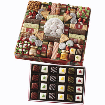 The Swiss Colony 43 Season Pleasers And Petits Fours Gift Bundle - Assorted Cheeses  Chocolates  Candies  And Summer Sausage Meats  Gourmet Chocolate And Swiss Creme Mini Layer Cakes