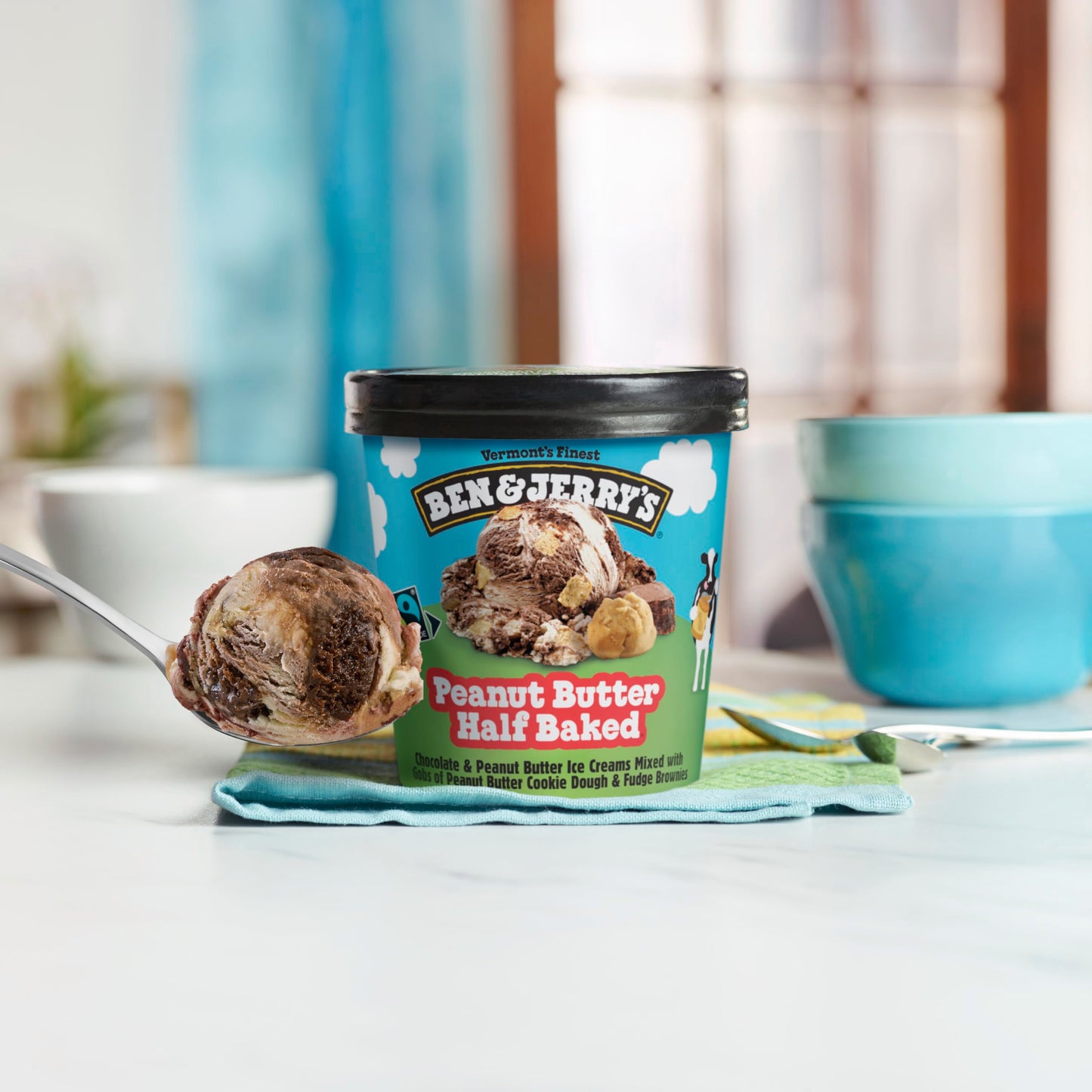 Ben & Jerrys Peanut Butter Half Baked Chocolate & Peanut Butter Ice Cream Pint Non-GMO 16 oz