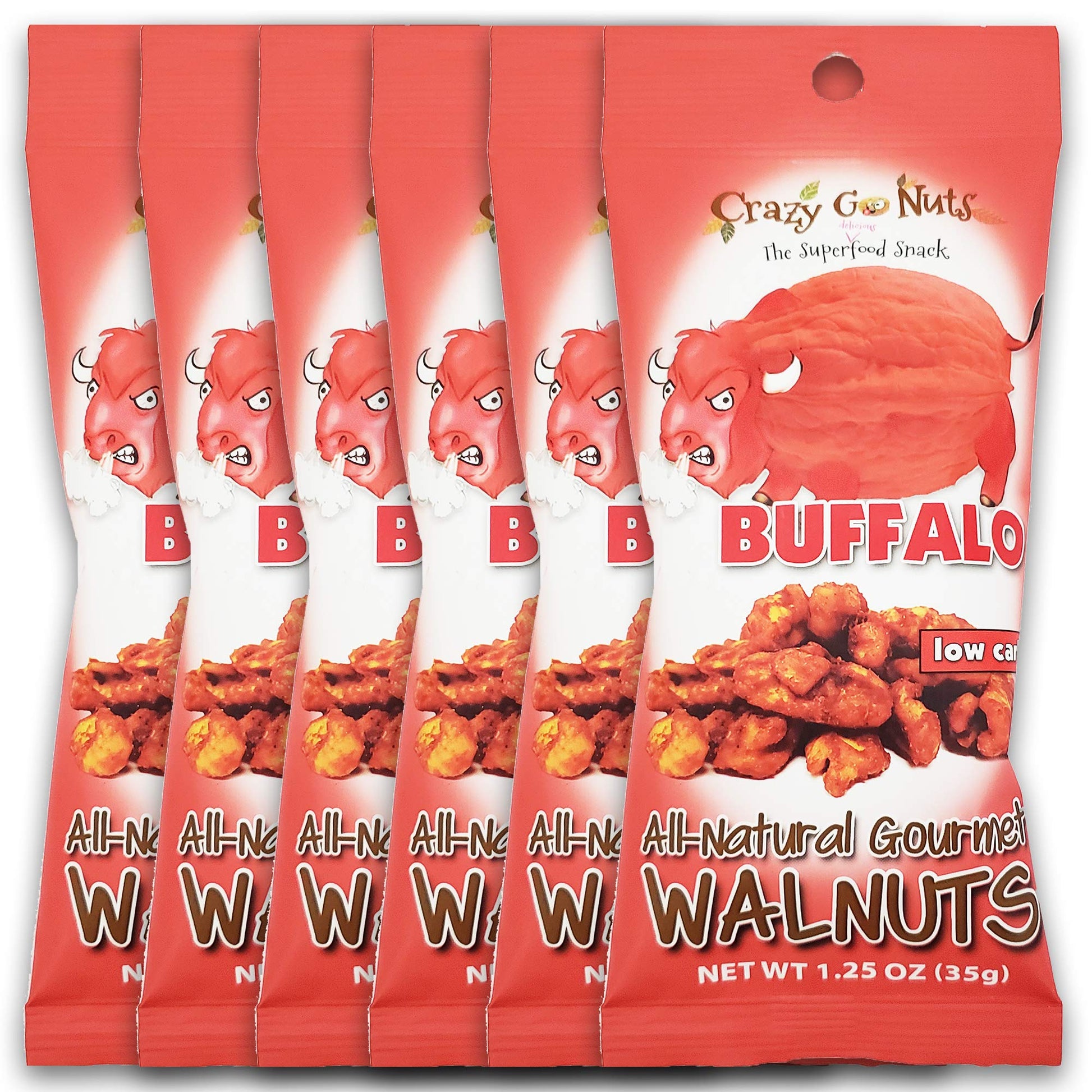 Crazy Go Nuts Walnuts - Buffalo, 1.25 oz (6-Pack) - Healthy Snacks, Vegan, Gluten Free, Superfood - Natural, ALA, Omega 3 Fatty 