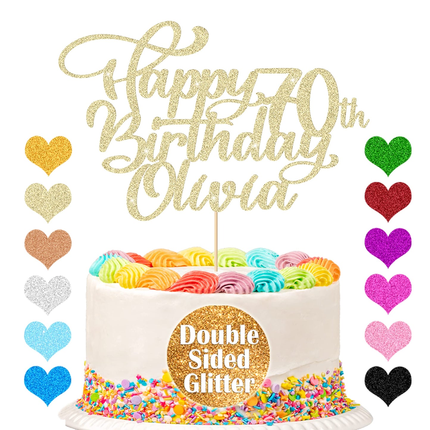 EDSG Customized Cake Topper, Happy Birthday Decoration, Champagne Gold, Any Name, Ages 1st-80th