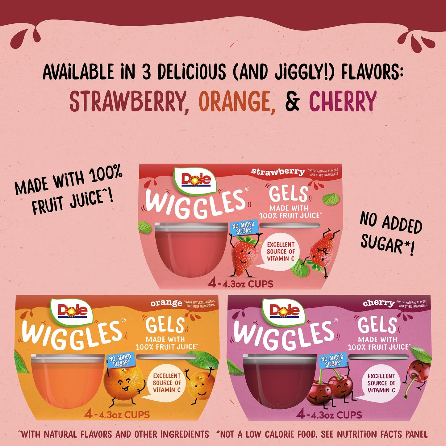 Dole Wiggles No Sugar Added Strawberry Fruit Juice Gels Snacks, 4.3oz 24 Total Cups, Gluten & Dairy Free, Bulk Lunch Snacks for