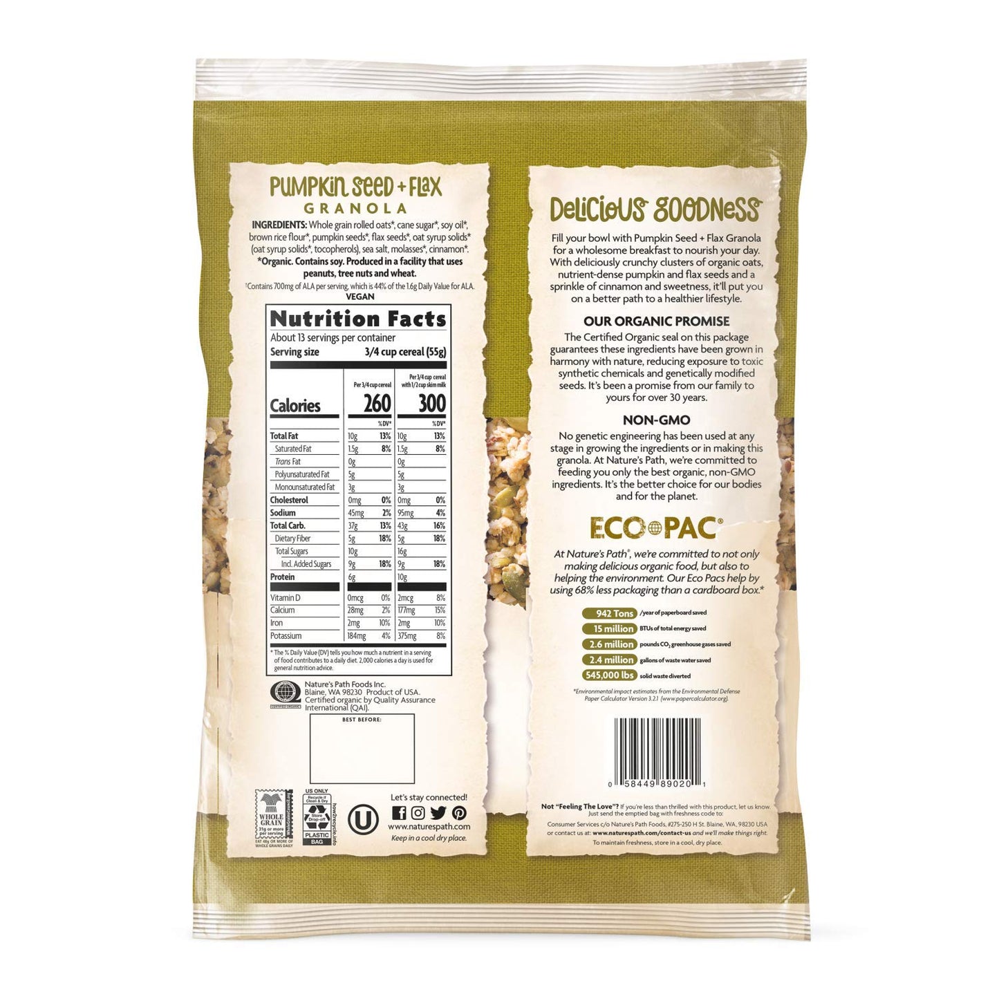 Nature'S Path Organic Pumpkin Seed And Flax Granola, 1.65 Lbs. Earth Friendly Package (Pack Of 6), Non-Gmo, Heart Healthy, High