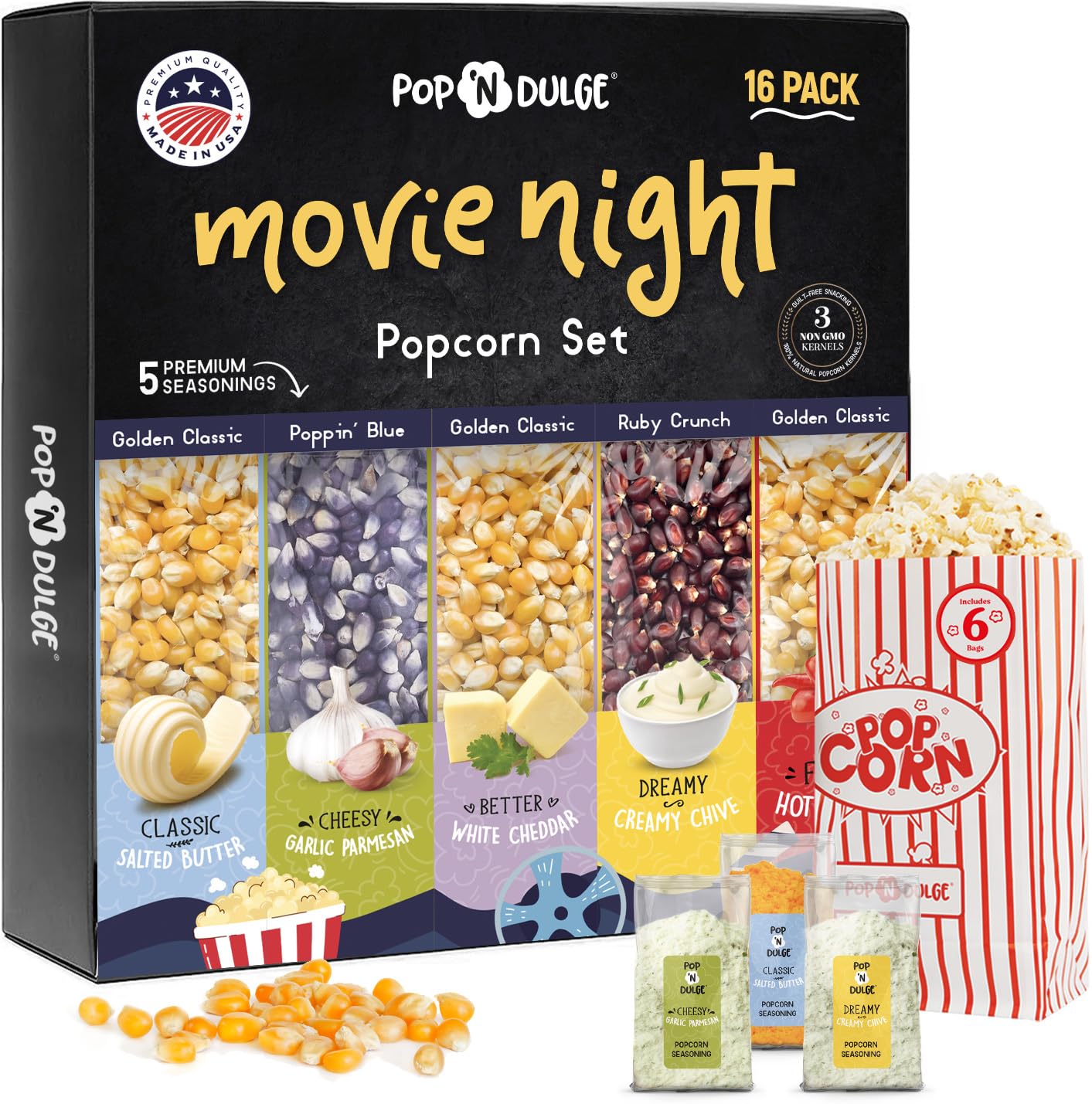 Pop n  Dulge Popcorn Movie Night Supplies 16 pcs Gift Set, 5 Gourmet Popcorn Kernels, 5 Seasoning Variety Packs Non-GMO Kosher 