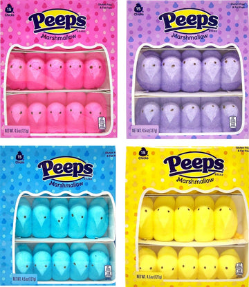 B BBO Brand Easter Chicks Marshmallow Peeps Value Pack Bundle: 4 Assorted Colors (Total 60 Chicks), 15 Count