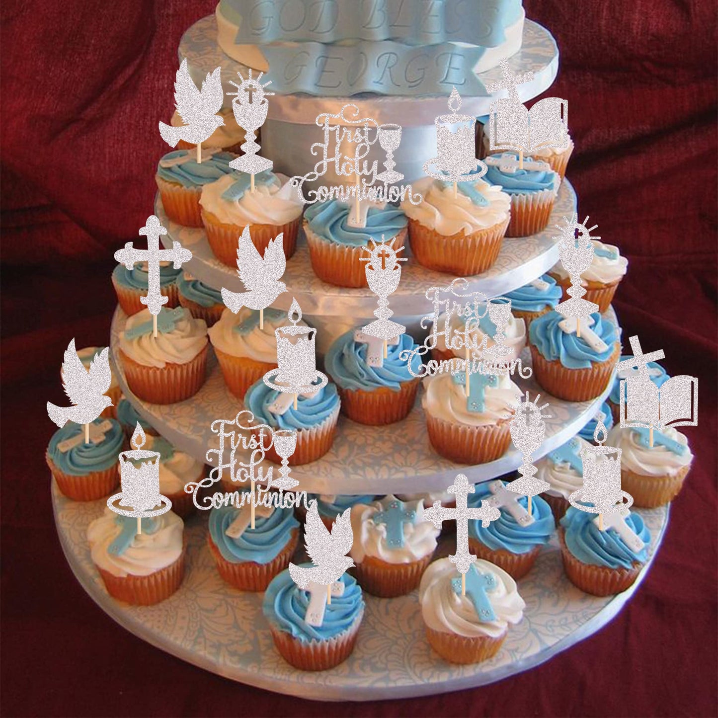 ZHUOWEISM Cupcake Toppers, 36 PCS Glitter Dove Cross, First Communion Theme, Small, Silver, Bamboo Material