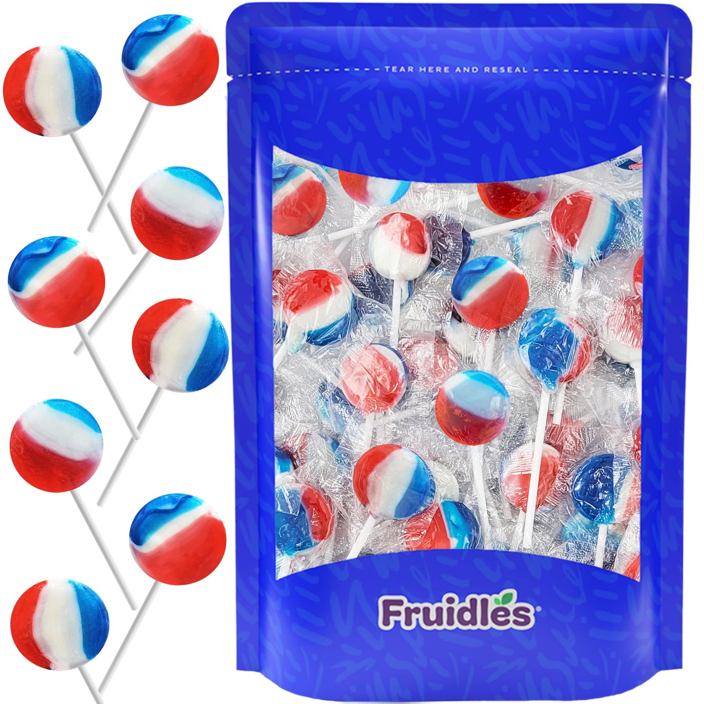 Fruidles Patriotic Striped Cherry Lollipops, Hard Candy, Kosher Certified, 1200 Count, Red, White & Blue