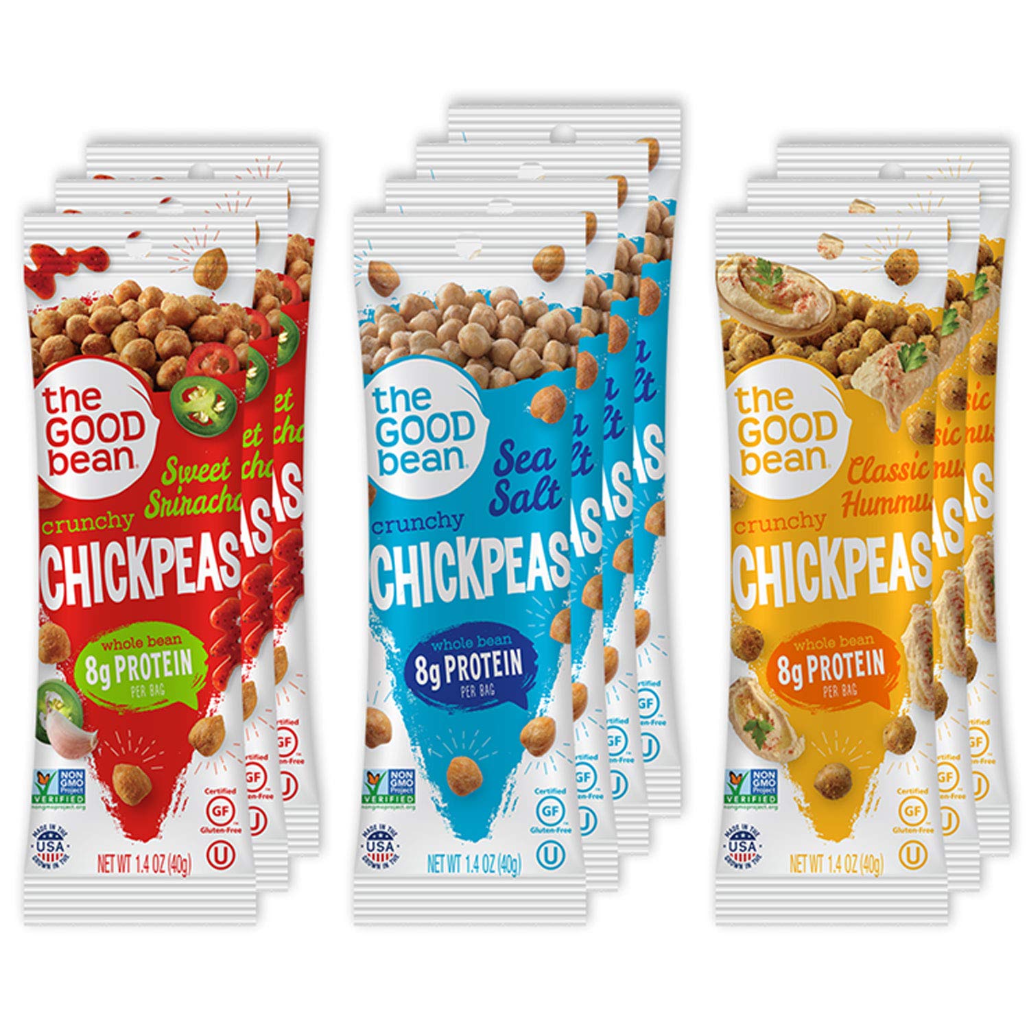 The Good Bean Crunchy Chickpeas - Variety Pack - (10 Pack) 1.4 Oz Packet - Sweet Sriracha, Sea Salt, And Classic Hummus Roasted