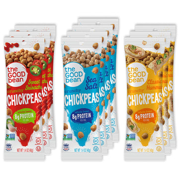 The Good Bean Crunchy Chickpeas - Variety Pack - (10 Pack) 1.4 Oz Packet - Sweet Sriracha, Sea Salt, And Classic Hummus Roasted
