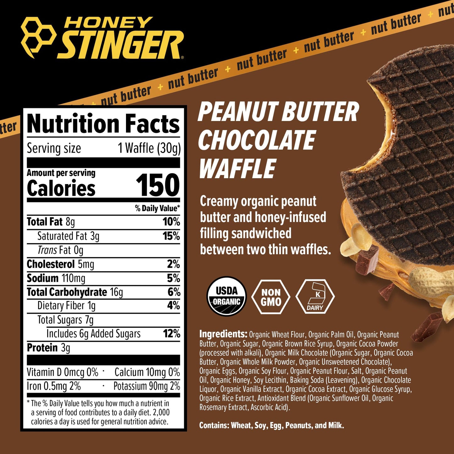 Honey Stinger Organic Peanut Butter Chocolate Waffle, Energy Stroopwafel for Exercise, Endurance and Performance, Sports Nutriti