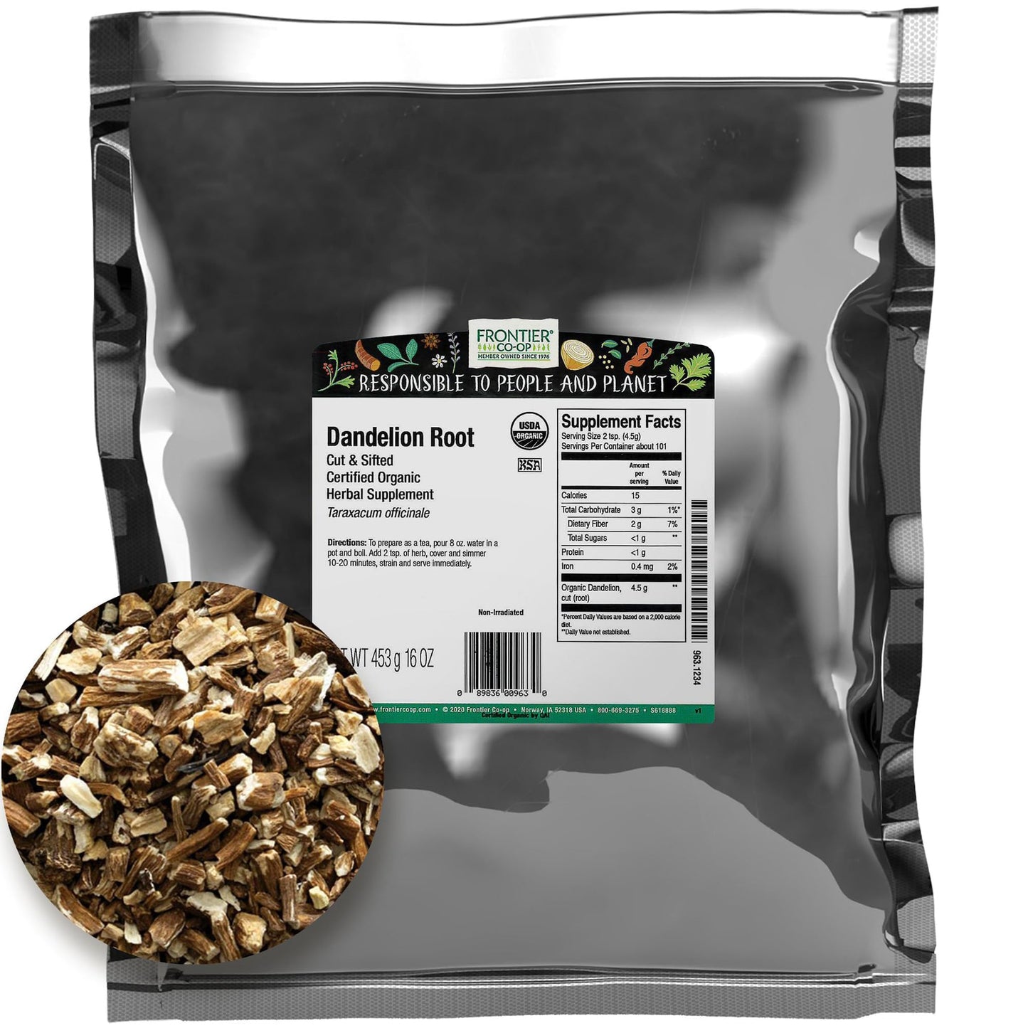 Frontier Co-Op Organic Dandelion Root, Cut and Sifted, 1 Pound, Pack of 1