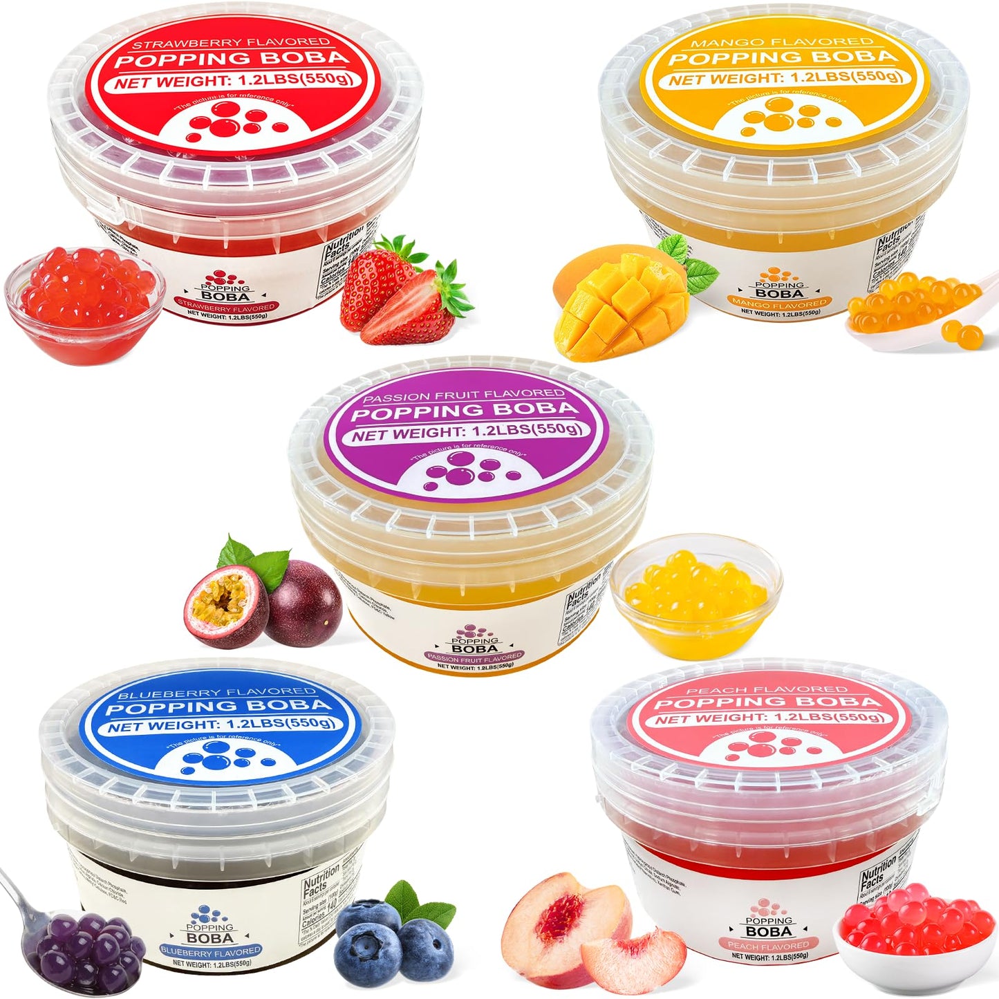Soeos Strawberry, Mango, Passion Fruit, Blueberry, Peach Popping Boba Pearls, 6 lbs (2750g), Pack of 5, Bursting Fruit Flavor Pe