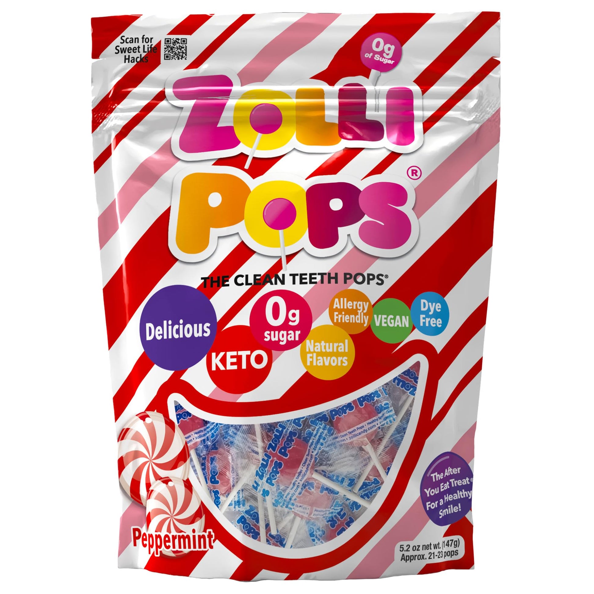 Zollipops Clean Teeth Lollipops, Anti Cavity, Sugar Free Candy for a Healthy Smile Great for Kids, Diabetics and Keto Diet, Pepp