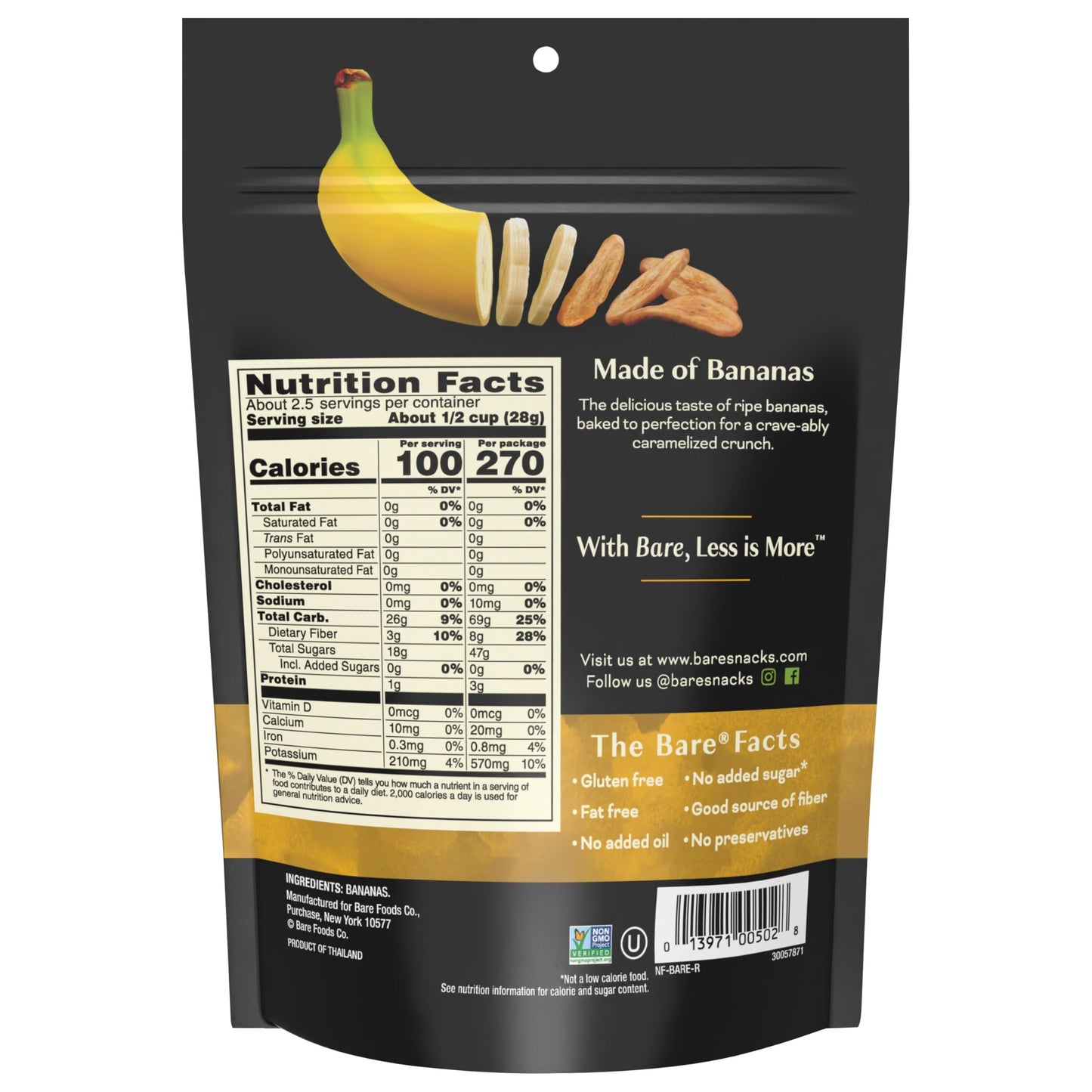 Bare Baked Crunchy Banana Chips, Simply Banana, Gluten Free, 2.7 oz Bag