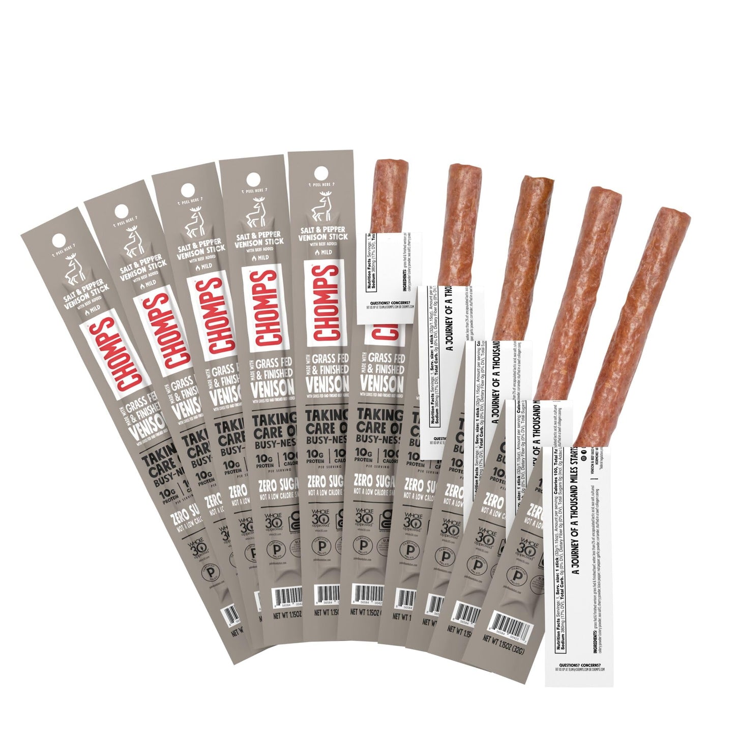 Chomps Venison Jerky Snack Sticks, Salt & Pepper, 10-Pack, 11.5 Ounce, Keto, Paleo, Low Carb, Gluten Free, Zero Sugar