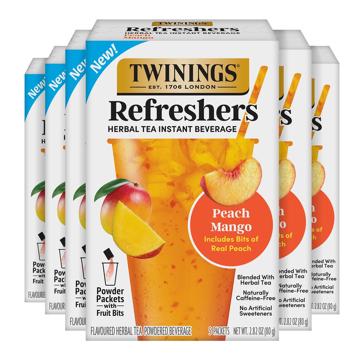 NEW Twinings Peach Mango Refreshers  Herbal Tea Instant Beverage with Real Peach Fruit Bits  5 Count (Pack of 6)  Caf? Style  No Artificial Sweeteners  Naturally Caffeine-Free Refreshment  30 Packets