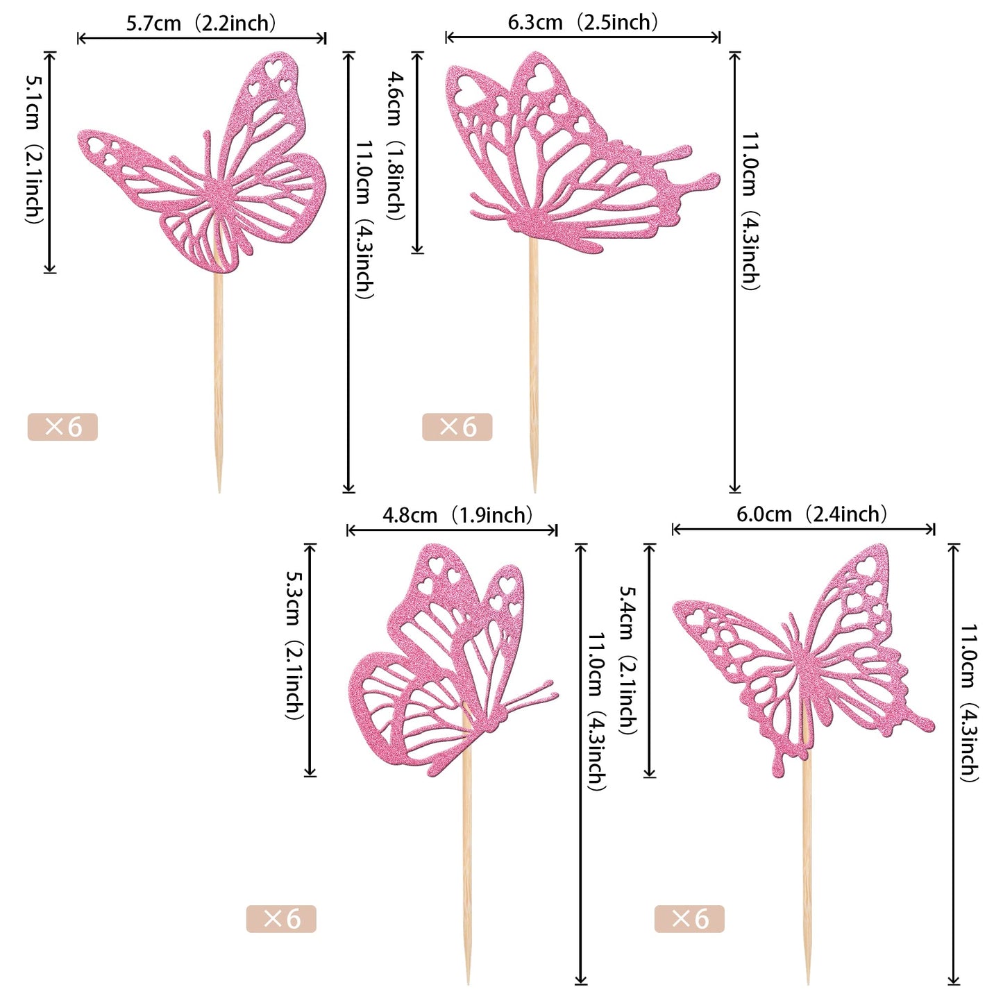 Rssta i Pink Glitter Butterfly Cupcake Toppers, 24 Pack, Paper, Design 1 Deep Pink, Wedding, Baby Shower, Kids Birthday Party Decorations