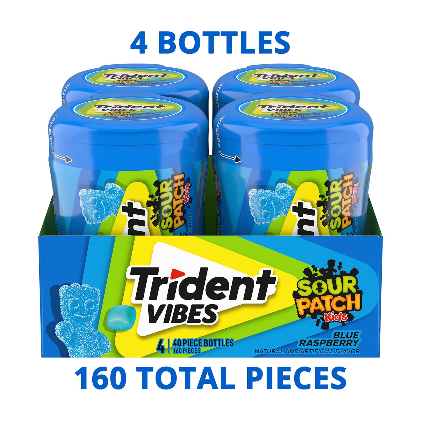 Trident Vibes SOUR PATCH KIDS Blue Raspberry Sugar Free Gum, 4-40 Piece Bottles (160 Total Pieces)
