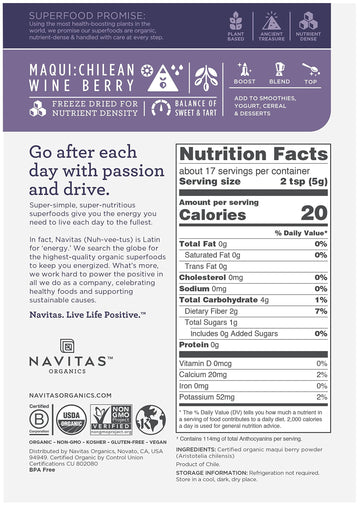 Navitas Organics Maqui Powder, 3 oz. Pouch, 17 Servings - Organic, Non-GMO, Freeze-Dried, Gluten-Free