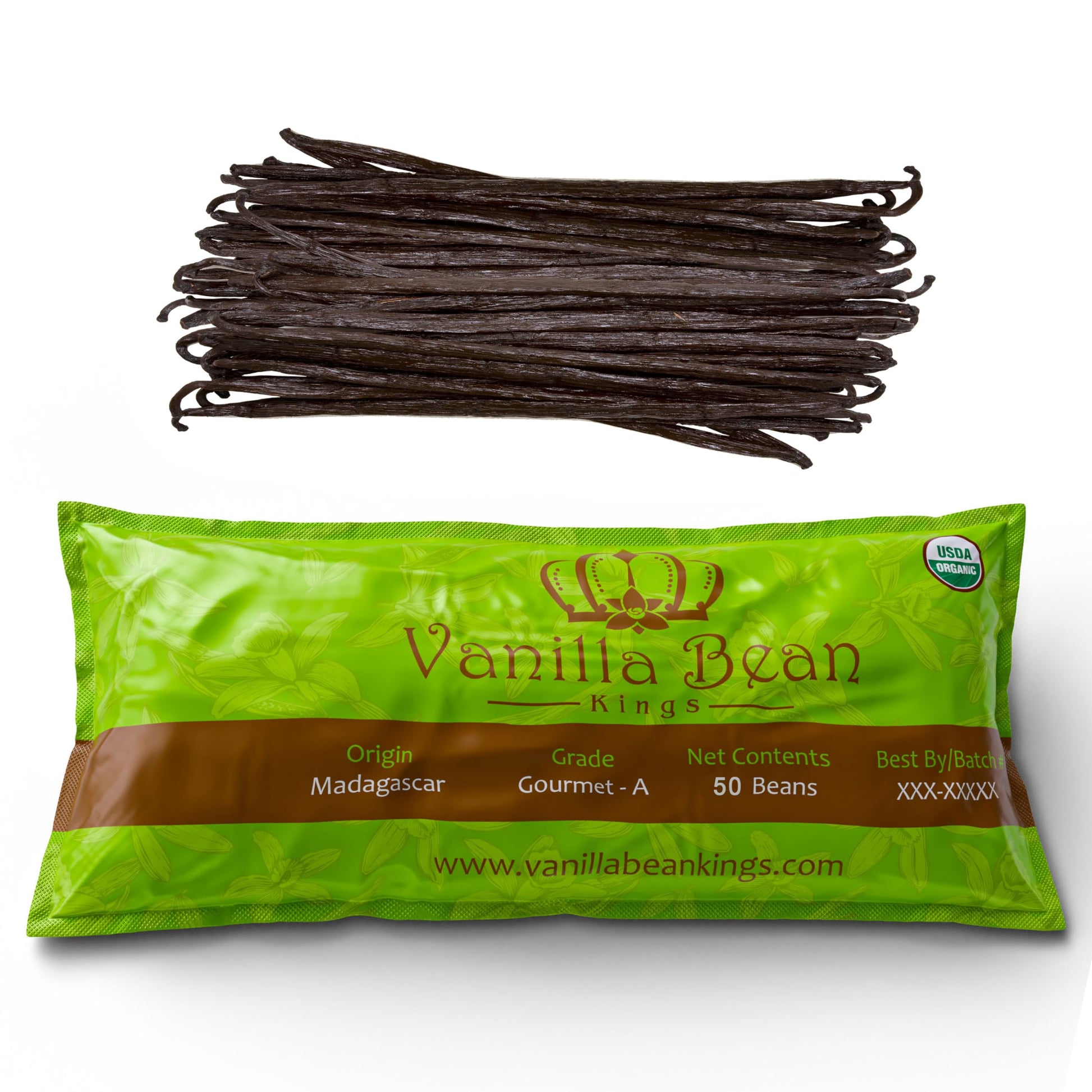 Vanilla Bean Kings Organic Madagascar Vanilla Beans - Whole Grade A Pods, 50 Count, Black/Dark Brown