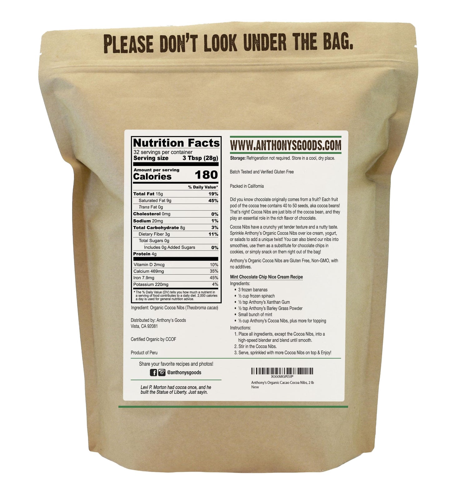 Anthonys Organic Cacao Cocoa Nibs, Rich Brown, 2 lb Pack