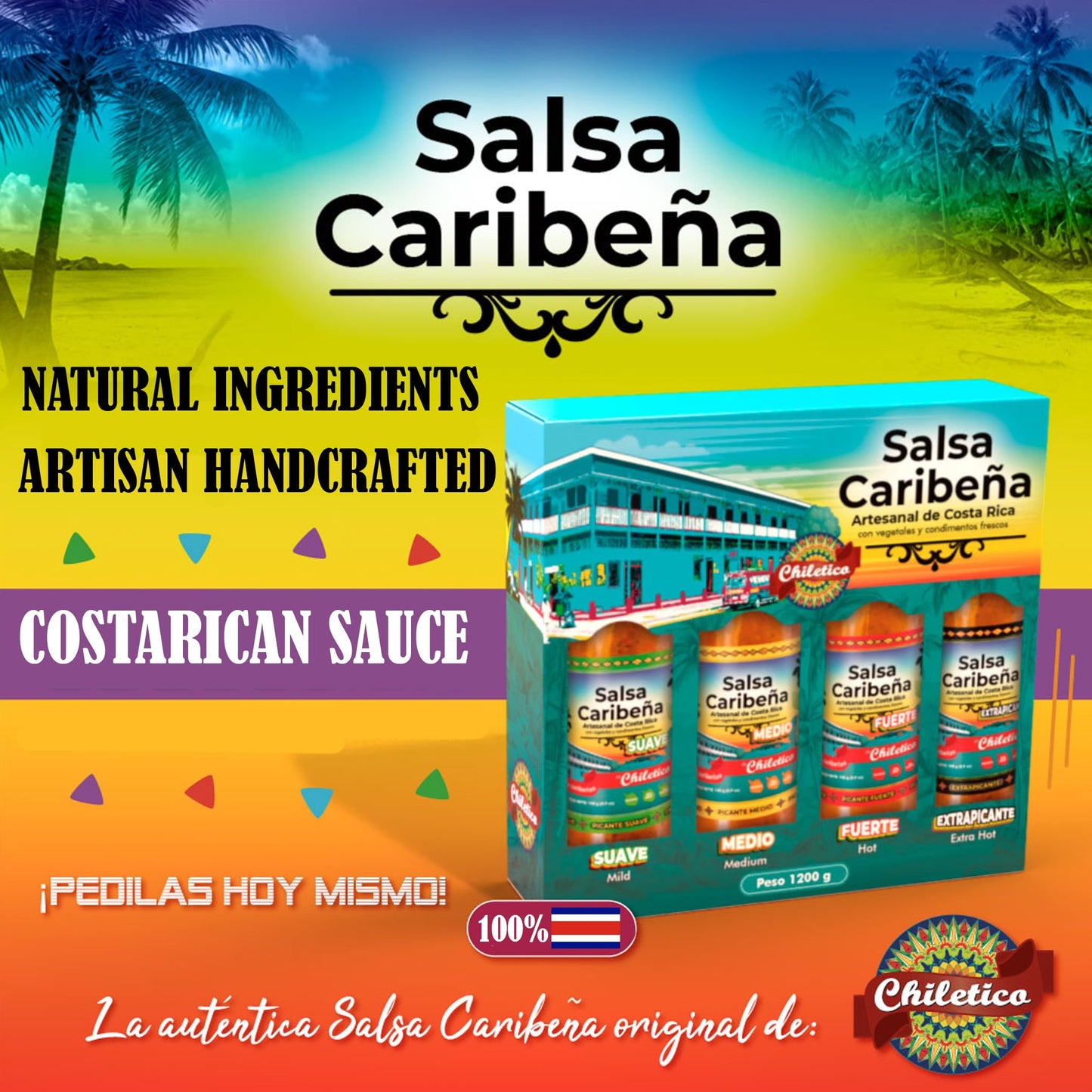 Chiletico Caribbean Hot Sauce Gift Set - Artisan Costa Rican handcrafted -Puerto Lim  n Inspired - Natural Ingredients - 4-Pack