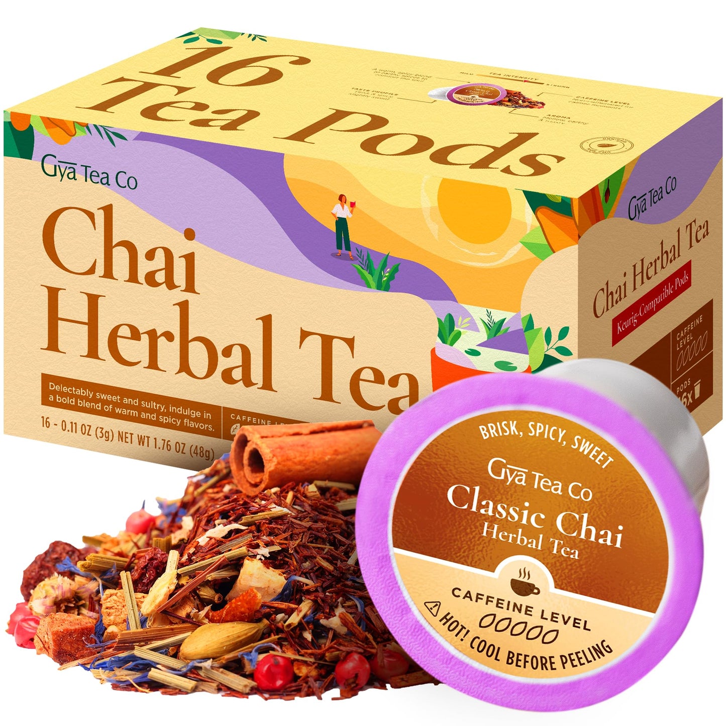 Gya Tea Co Chai Herbal Tea Pods - Decaf Wellness Tea, 16 Count, Body Comfort & Relaxation