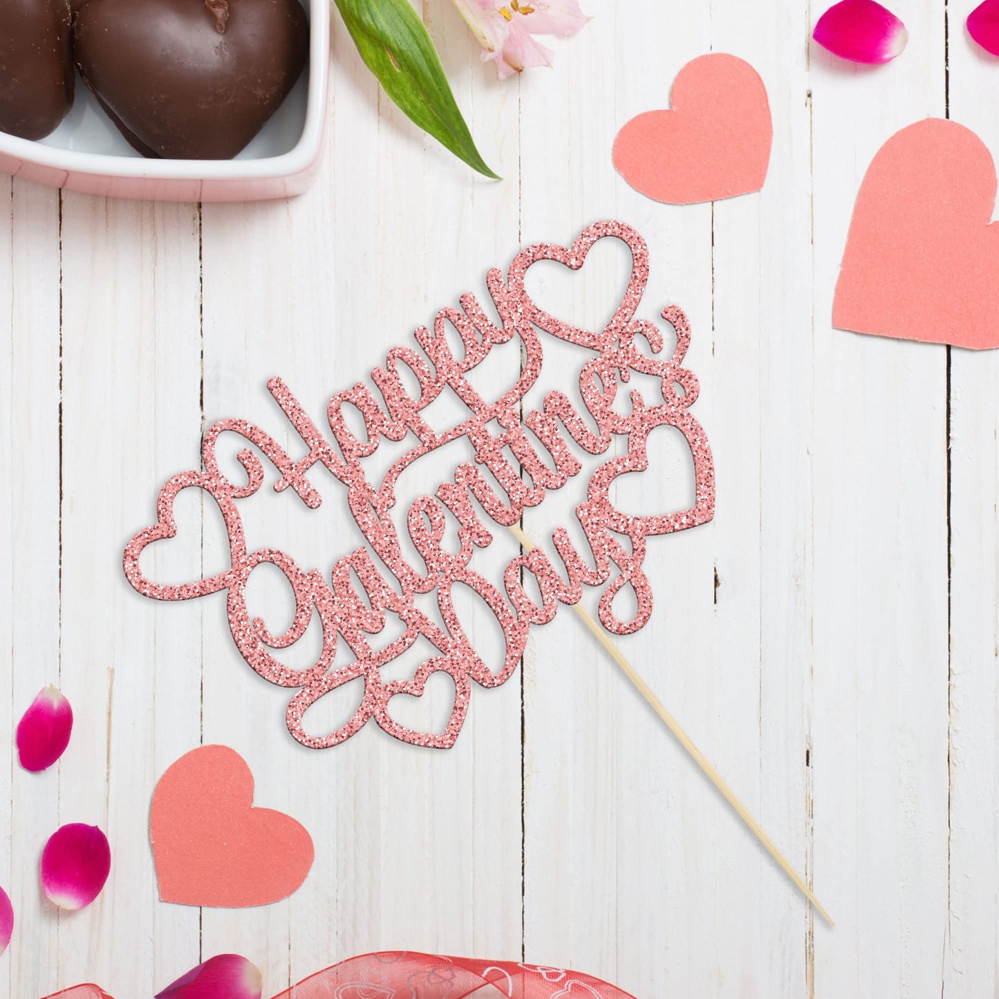 1Pc Happy Valentine's Day Cake Topper Rose Gold Glitter Valentine's Day Cake Topper Decorations for Valentine's Day Theme Weddin
