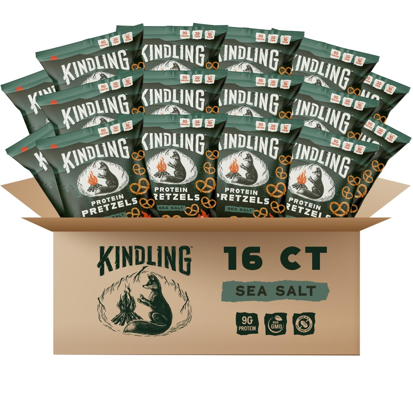 Kindling Protein Pretzels - Sea Salt | Protein-Packed Snack Size Bags | Kosher | 8-9g Protein Per Serving | Only 1-2g of Total S