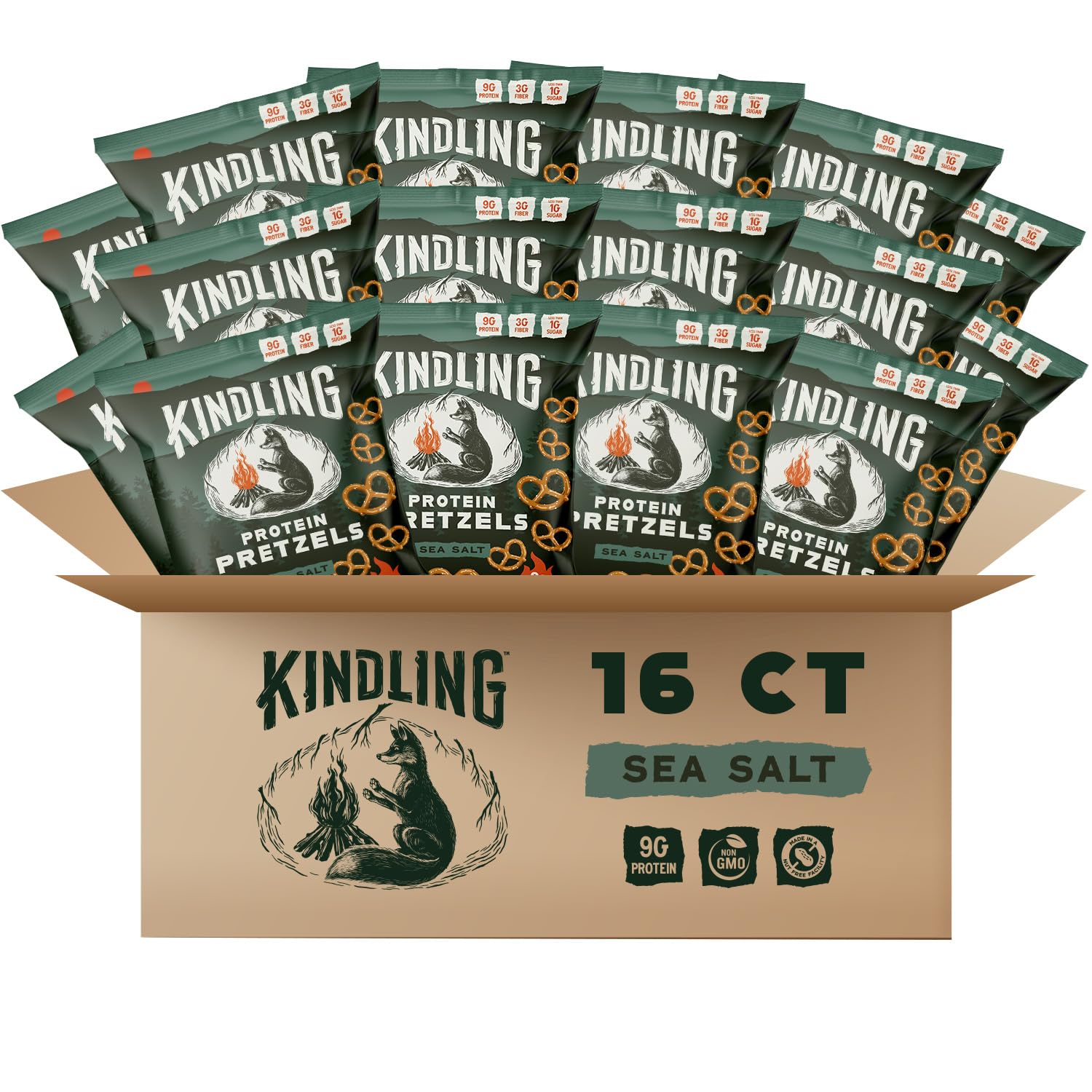 Kindling Protein Pretzels - Sea Salt | Protein-Packed Snack Size Bags | Kosher | 8-9g Protein Per Serving | Only 1-2g of Total S