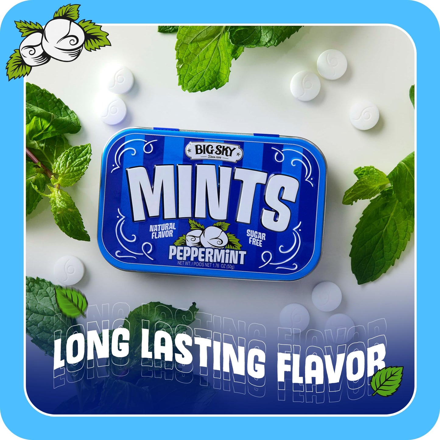 Big Sky Sugar Free Peppermint Candy, 50g Tin - 6 Count Display Tray