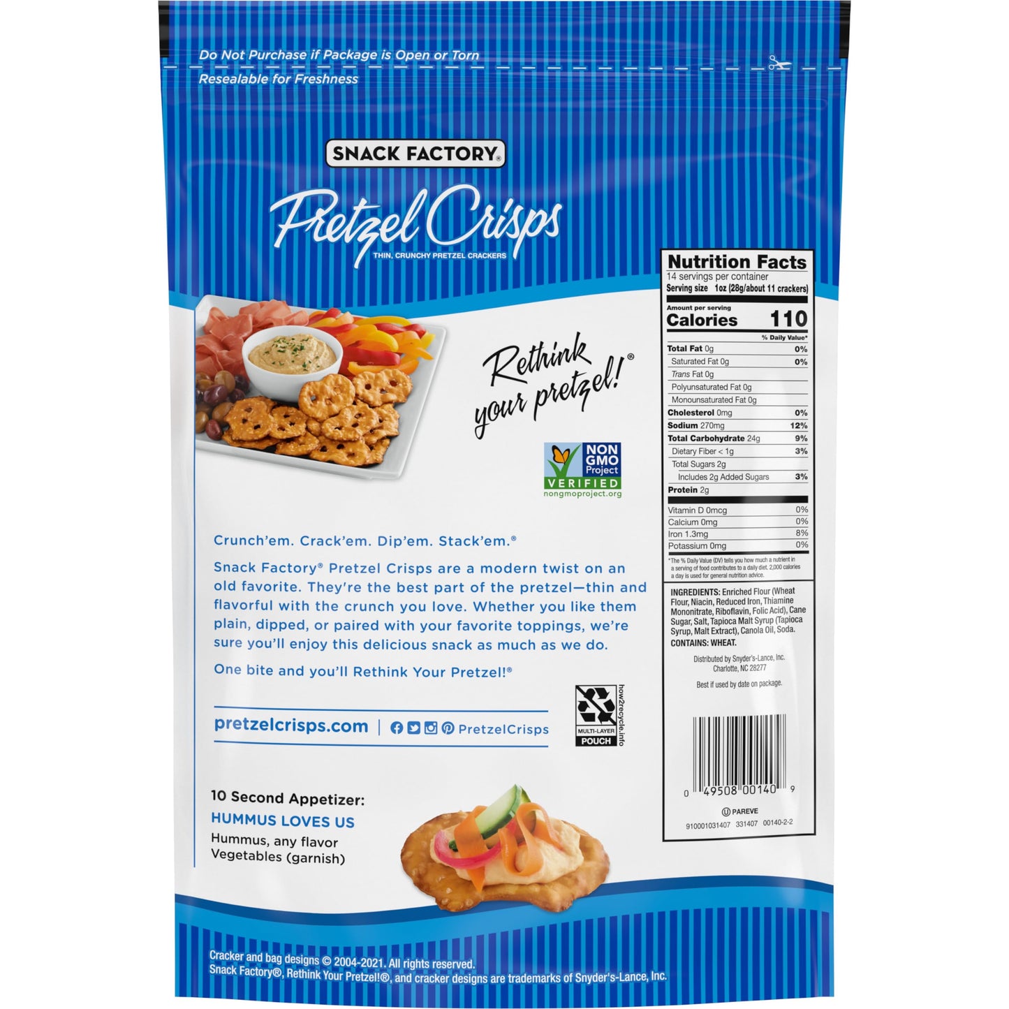 Snack Factory Original Pretzel Crisps, Non-Gmo, 14 Oz Party Size Bag