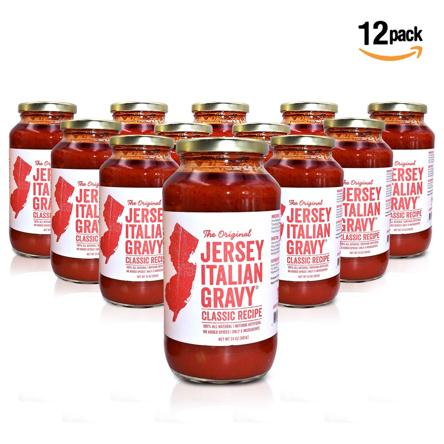 Jersey Italian Gravy-24 Oz Jar-Gourmet, All Natural All Purpose Tomato Sauce For Pasta And More, No Artificial Ingredients- Vegan Friendly-Authentic Recipe For Pasta, (Classic, 12 Pack)