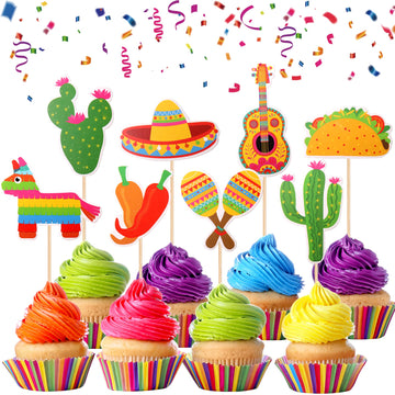 32 Pcs Mexican Fiesta Cupcake Toppers Assembled Cactus Donkey Maraca Sombrero Guitar Cupcake Picks Mexican Fiesta Theme Baby Sho