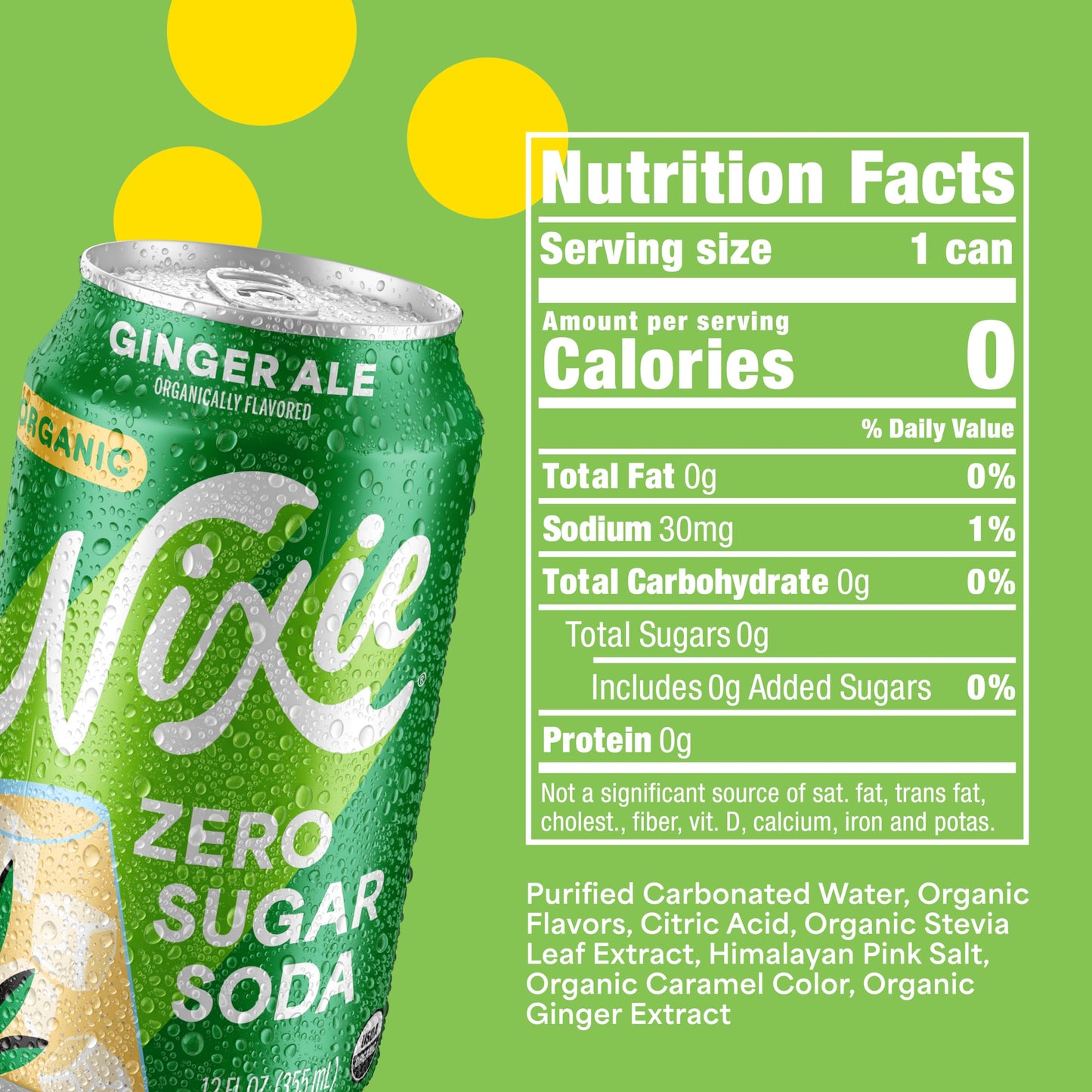 Nixie Organic Zero Sugar Soda, Ginger Ale, Non-GMO, Caffeine Free, 12oz Cans, 12 Pack