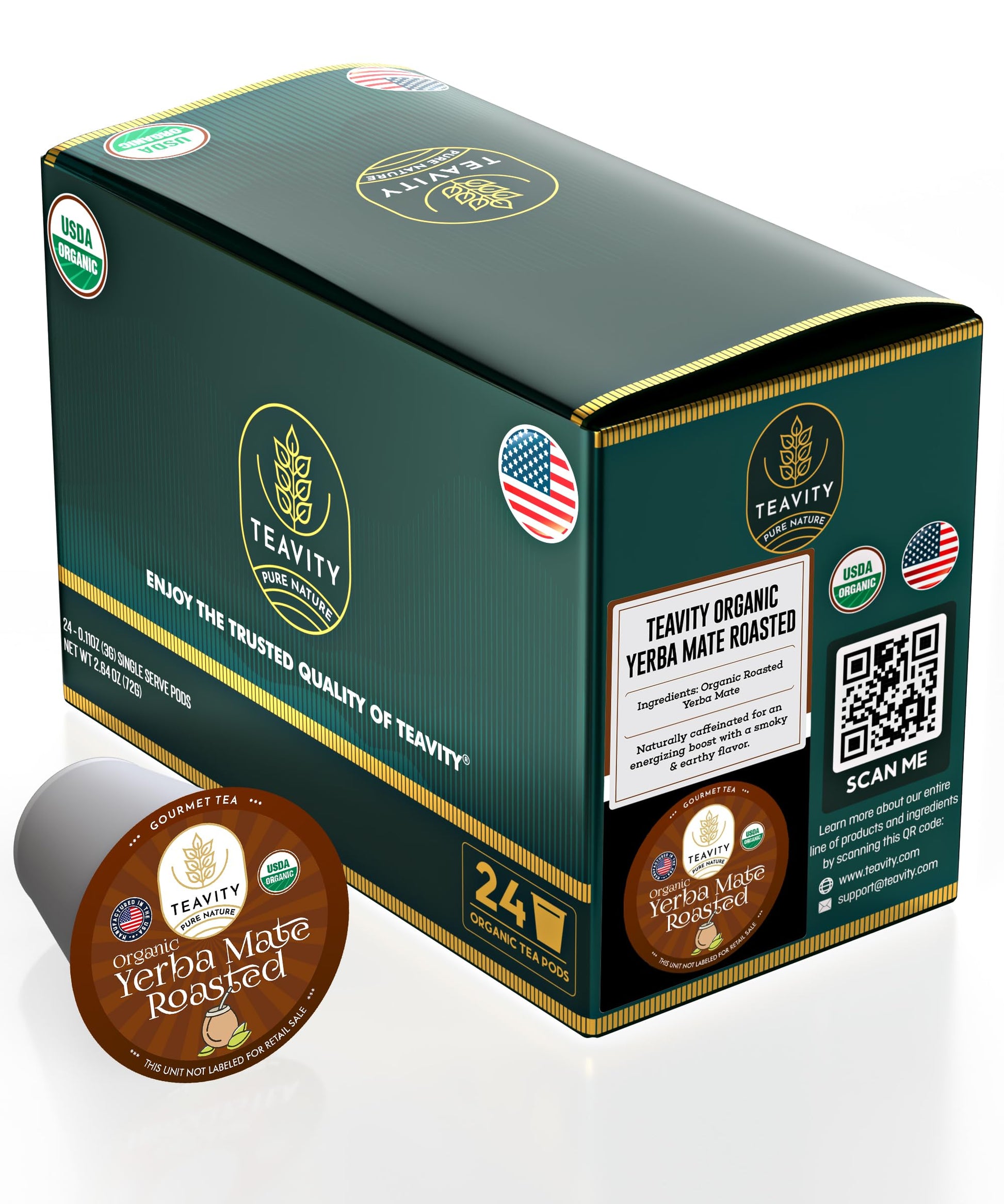 Teavity Organic Yerba Roasted Mate Tea Pods for Keurig, 24 Count, Pack of 1
