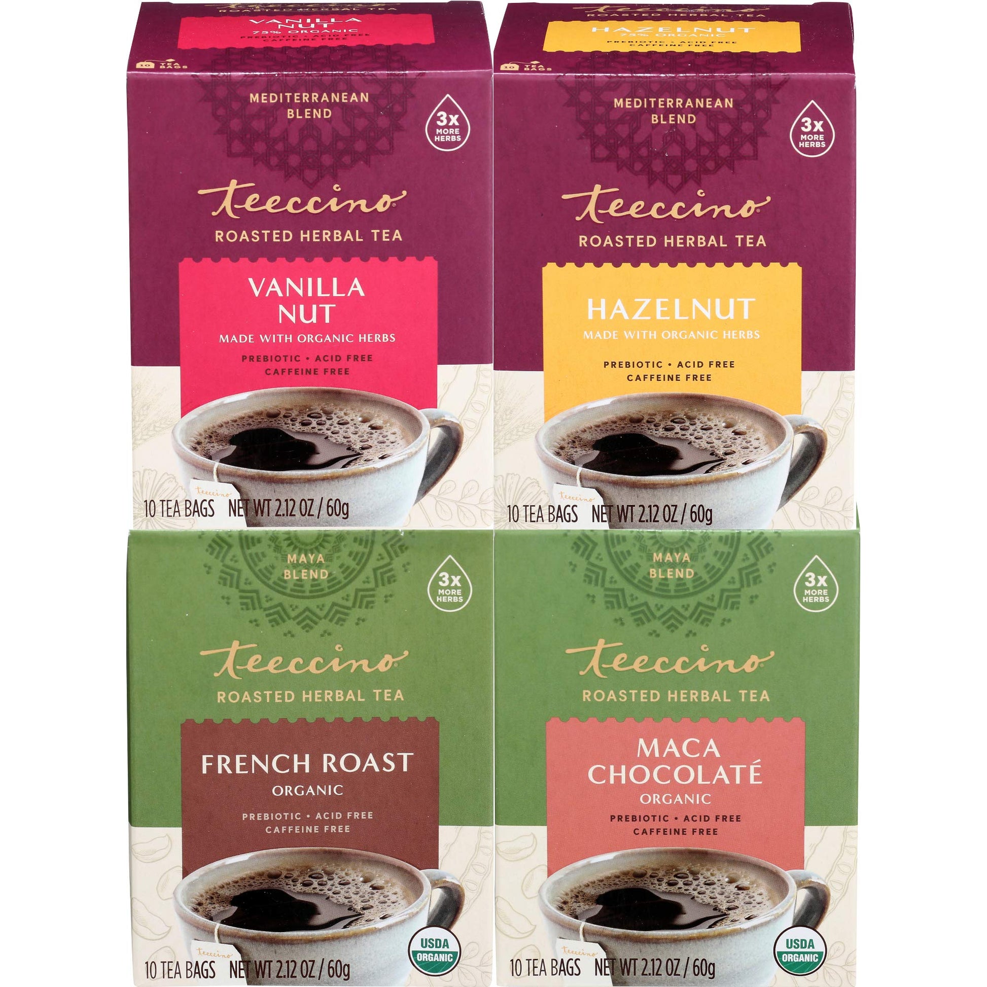 Teeccino Herbal Tea Variety Pack - Caffeine Free, Prebiotic - 10 Tea Bags (Pack of 4) - Vanilla Nut, Hazelnut, Maca Chocolaté, French Roast