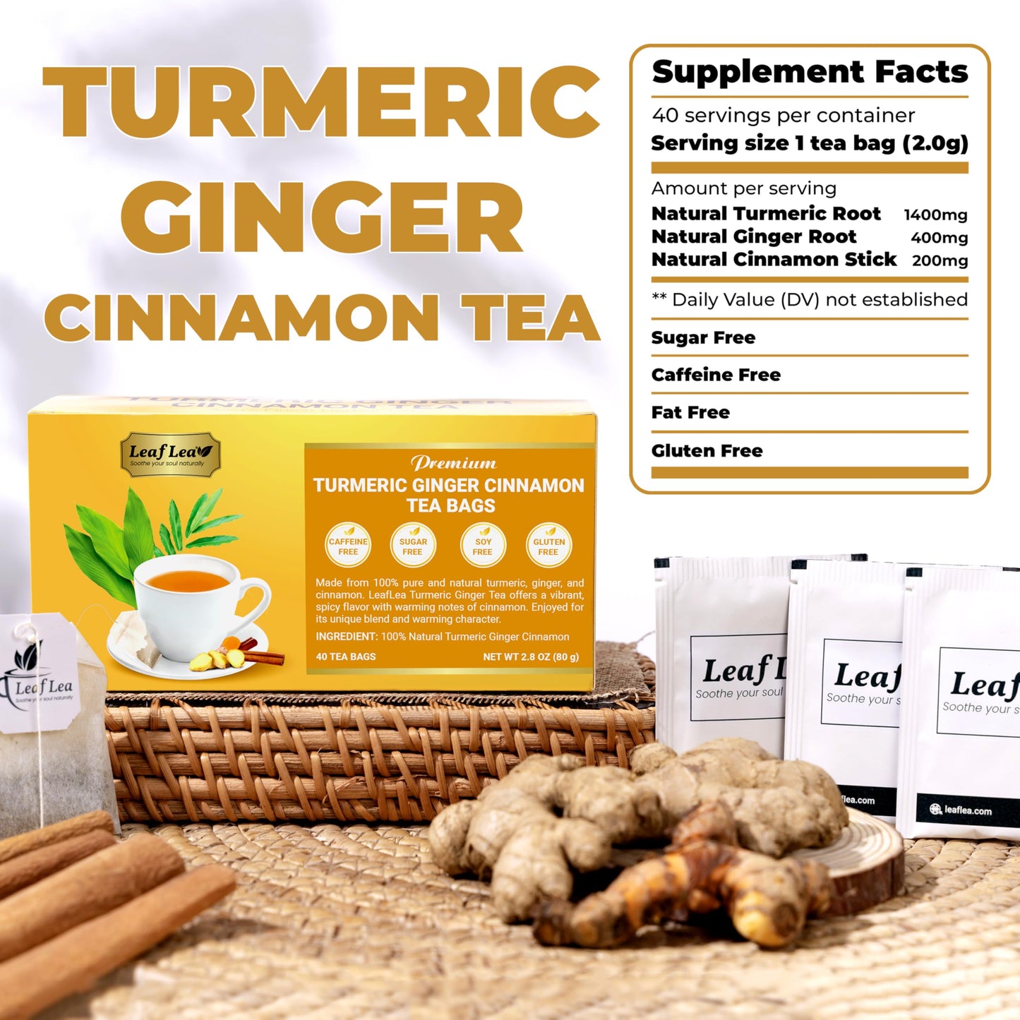 LeafLea Turmeric Tea Bags - 80 Count, Caffeine-Free Herbal Blend with Ginger and Cinnamon, Vegan, Sugar-Free