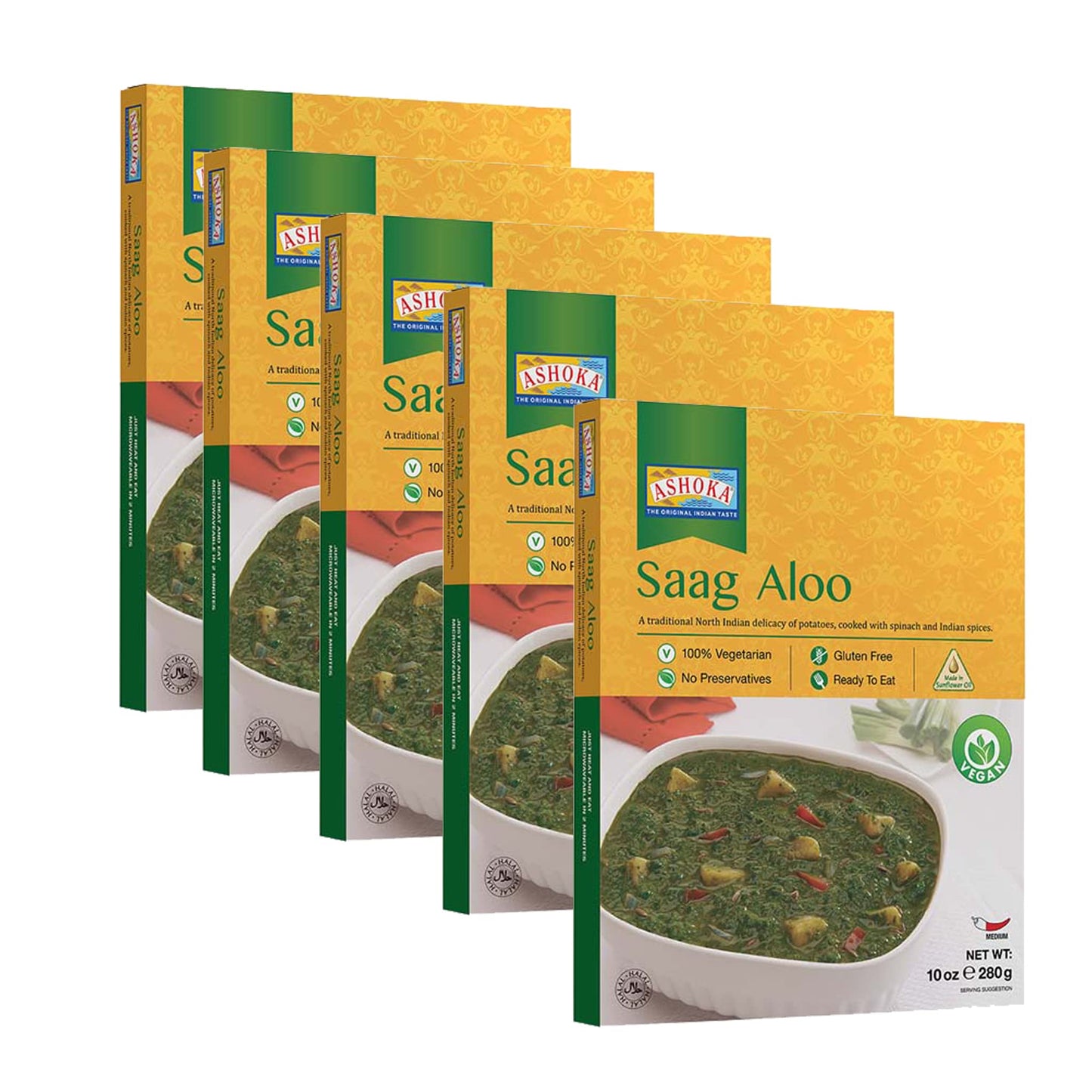 ASHOKA Vegan Spinach & Potato Saag Aloo, Gluten-Free, Heat & Serve, 10 Ounce (Pack of 5)