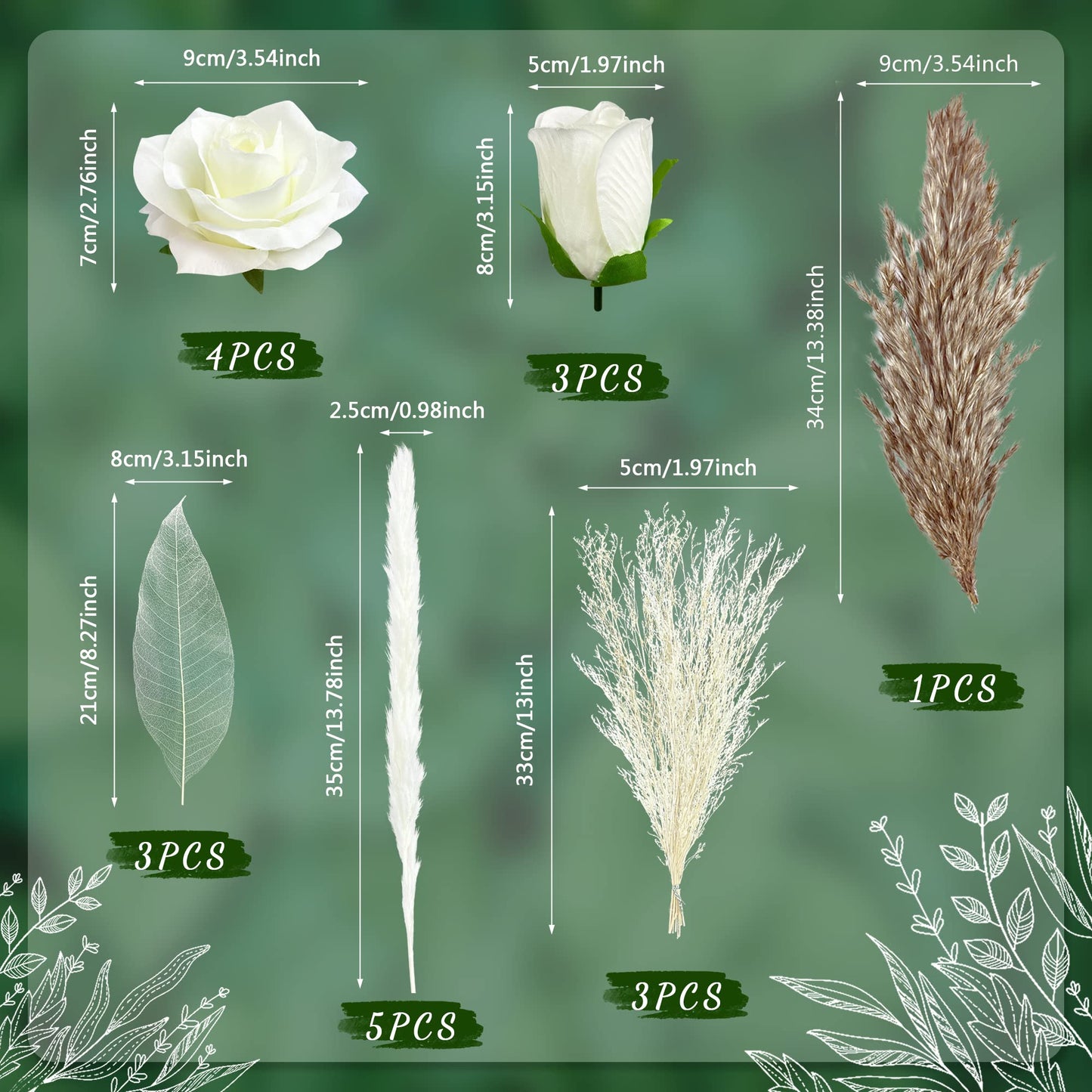 HAVAGDTM Natural Boho Cake Topper, Vintage Artificial Flowers & Dried Pampas Grass, White, Model HAVA-KFT