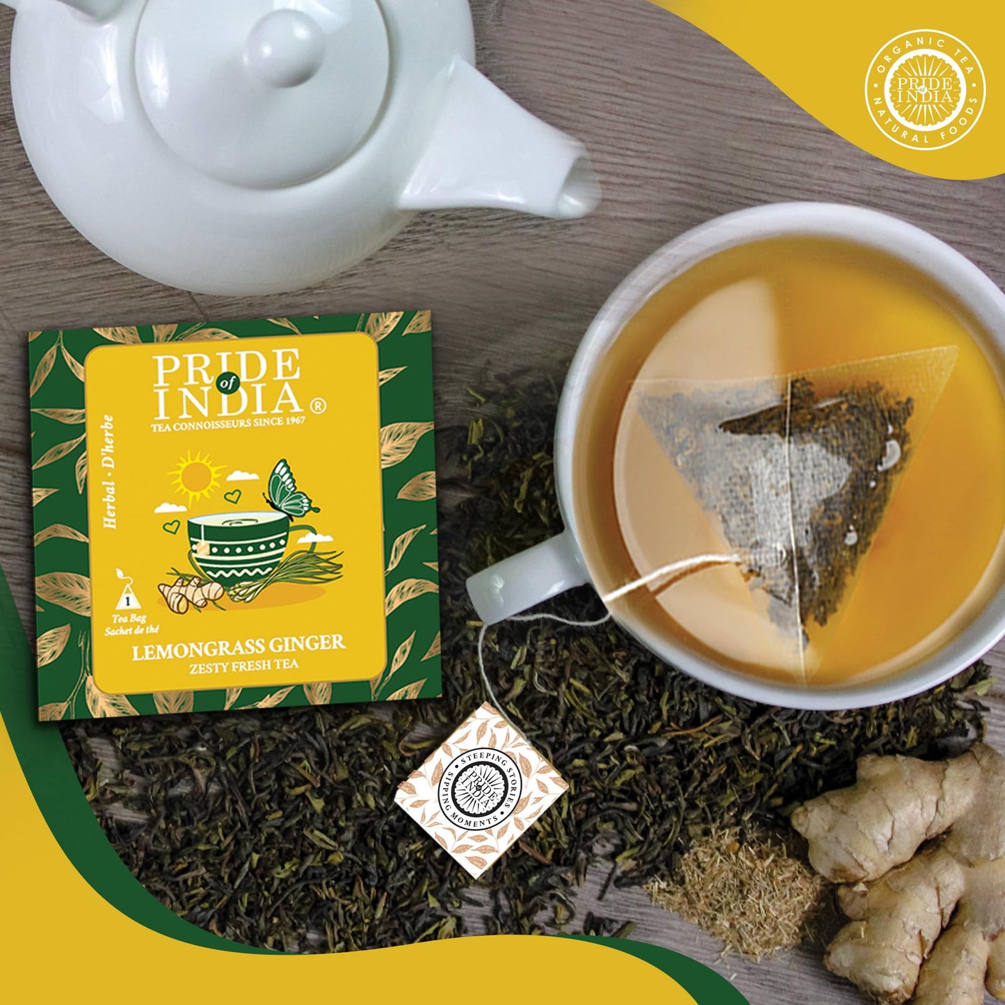 Pride Of India | Lemongrass Ginger Zesty Fresh Tea | 15 Pyramid Full Leaf Individually Wrapped Tea Bags | 100% Herbal Blend From Single Origin | Tangy & Spicy Flavor | Caffeine-Free