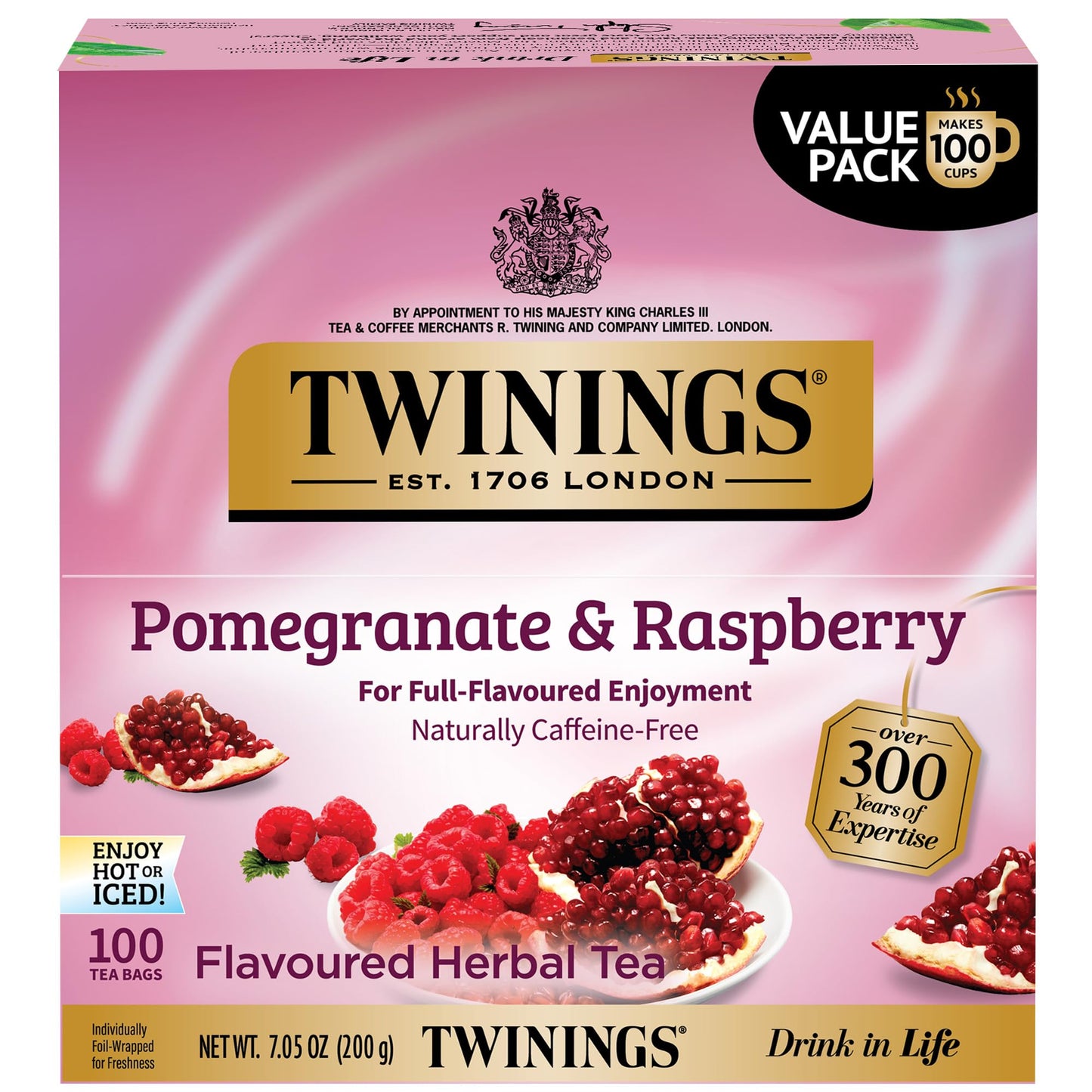 Twinings Pomegranate & Raspberry Herbal Tea Individually Wrapped Bags  100 Count (Pack Of 1)  Naturally Energy Blend-Free  Enjoy Hot Or Iced  100 Teabags