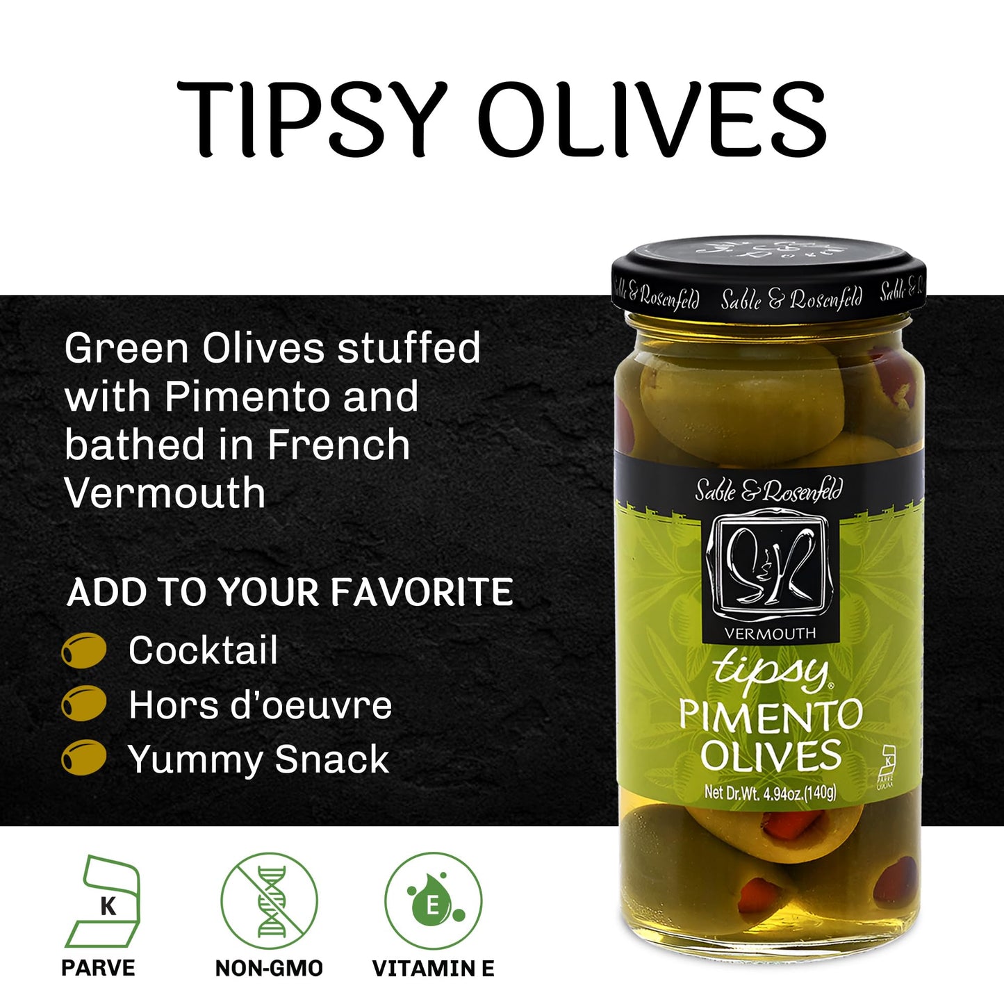 Sable & Rosenfeld Tipsy Olives - Green Olives Stuffed with Pimento - 4.94 oz Pack