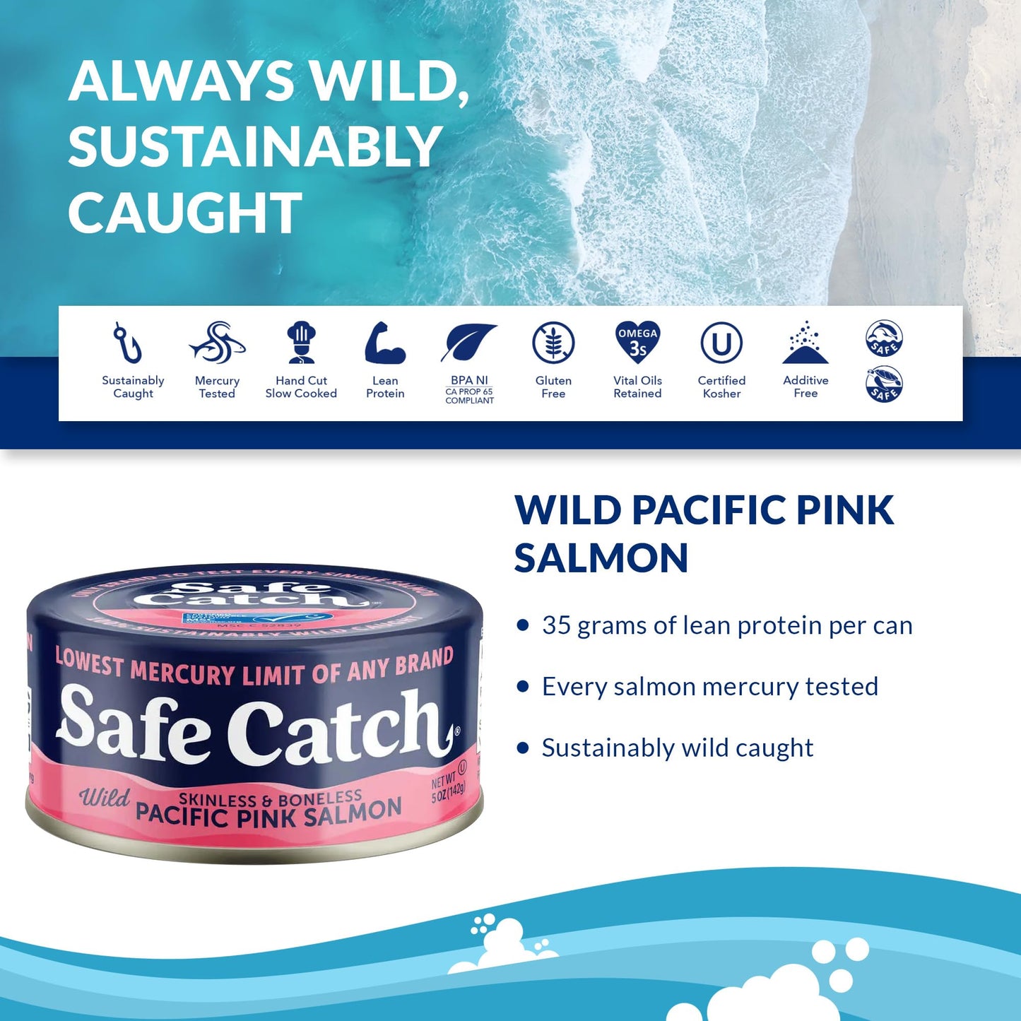 Safe Catch Wild Pink Salmon Canned Wild-Caught Skinless Boneless Salmon Fish Every Can Of Salmon Is Mercury Tested Kosher  6-Pack Salmon Cans 5oz