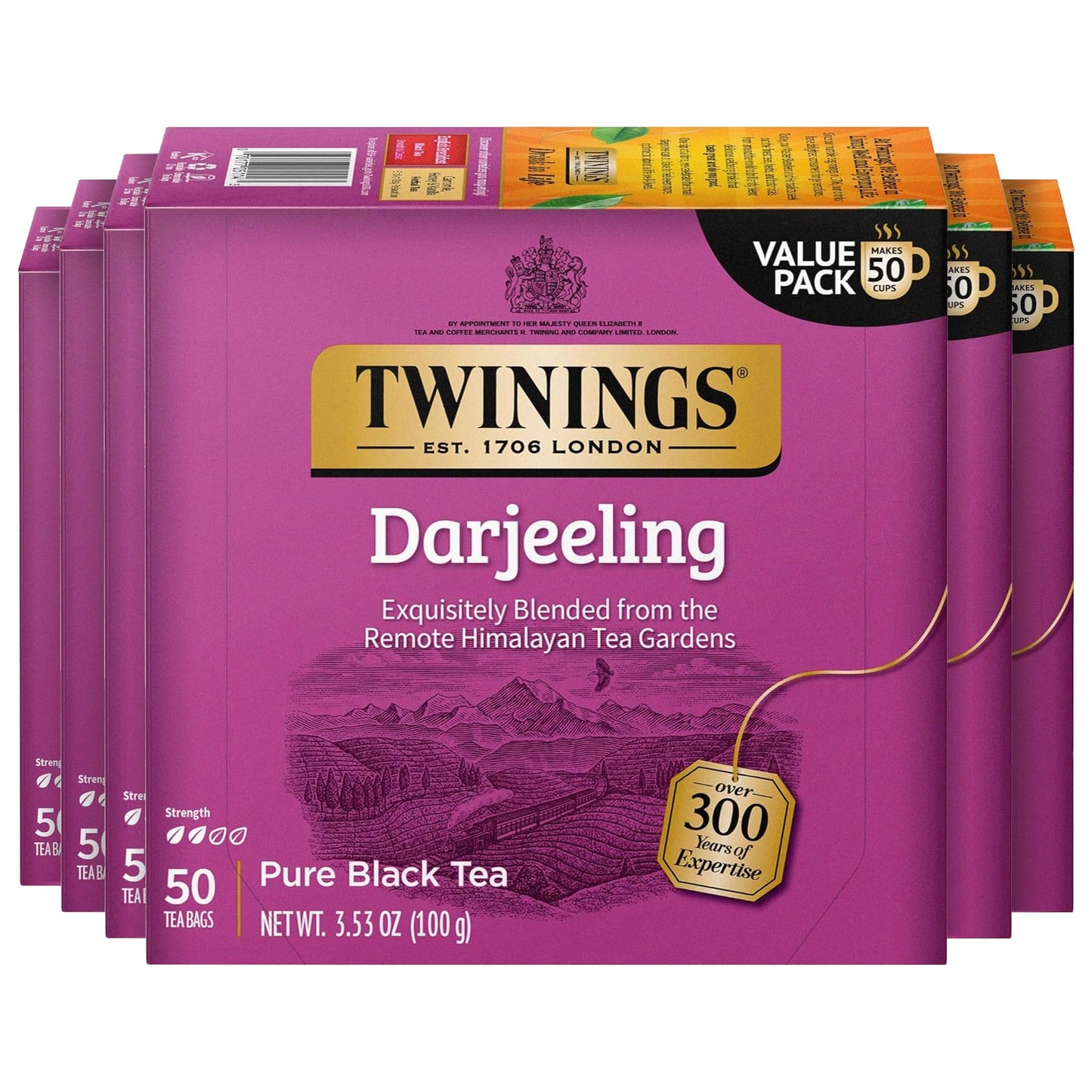 Twinings Darjeeling Black Tea Individually Wrapped Bags, 50 Count (Pack of 6), Delicate Light Taste, Caffeinated, Enjoy Hot or I