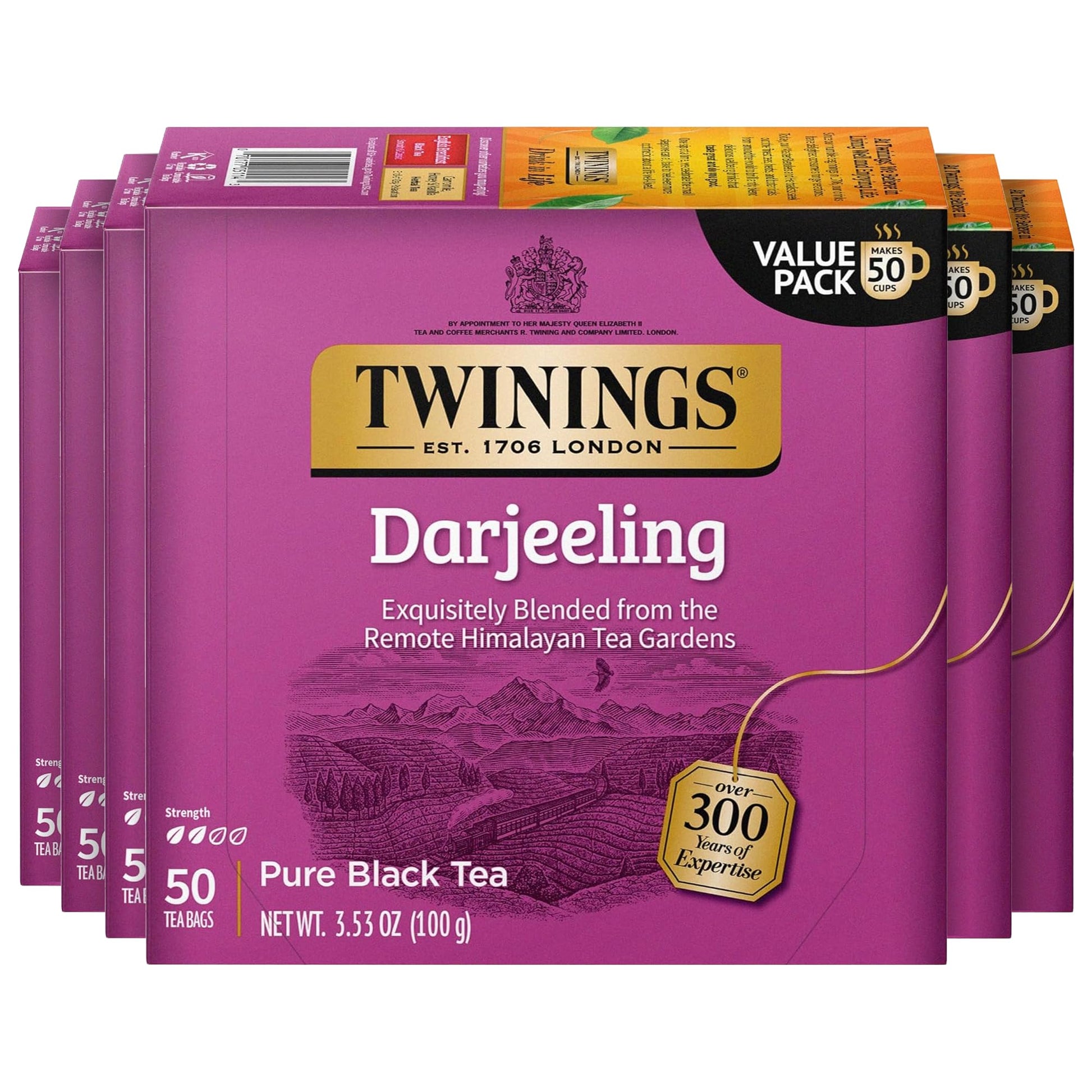 Twinings Darjeeling Black Tea Individually Wrapped Bags, 50 Count (Pack of 6), Delicate Light Taste, Caffeinated, Enjoy Hot or I