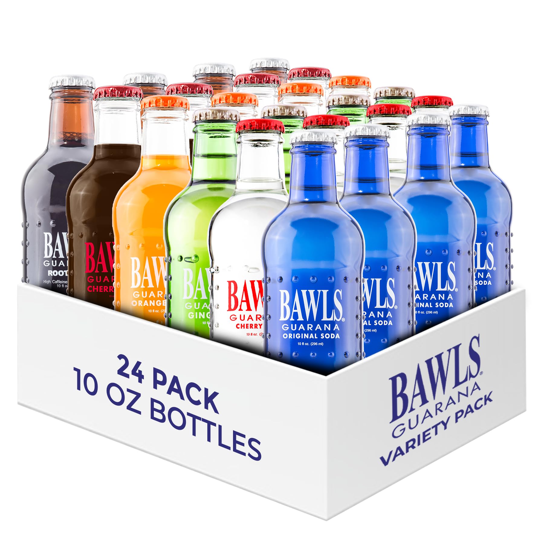 Bawls Guarana Drink Variety Pack, Caffeinated Soda, 10oz Glass Bottles, 24 Pack, Red/Brown