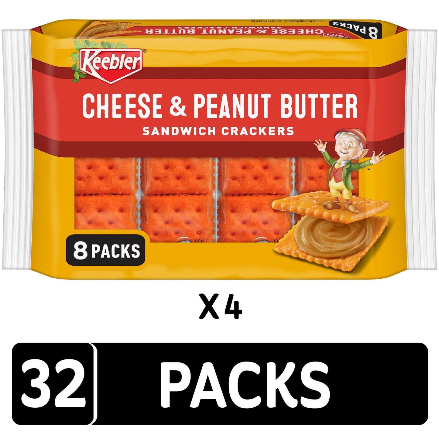 Keebler Sandwich Crackers, Lunch Snacks, Cheese and Peanut Butter (4 Trays, 32 Packs)