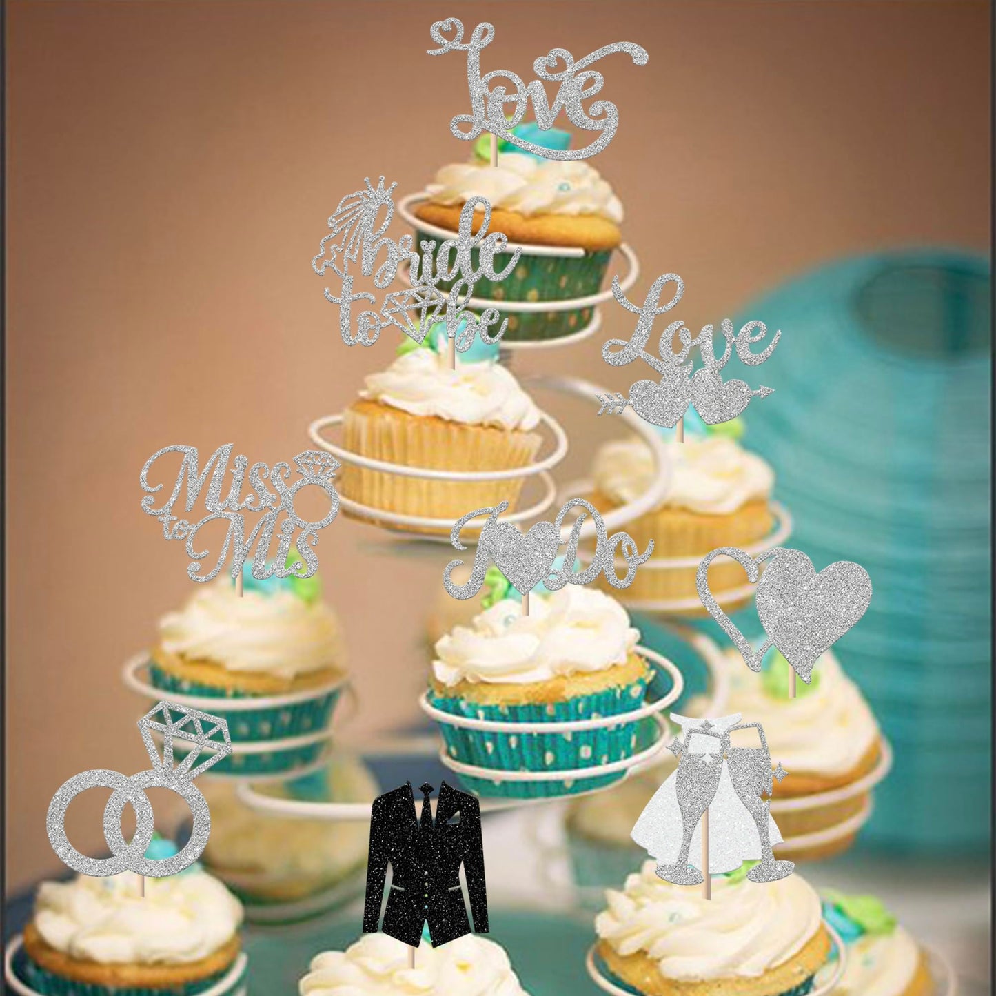 YCTHUNFISH 30 Pack Glitter Diamond Ring Cupcake Toppers for Bridal Shower, Wedding, Bachelorette, Silver
