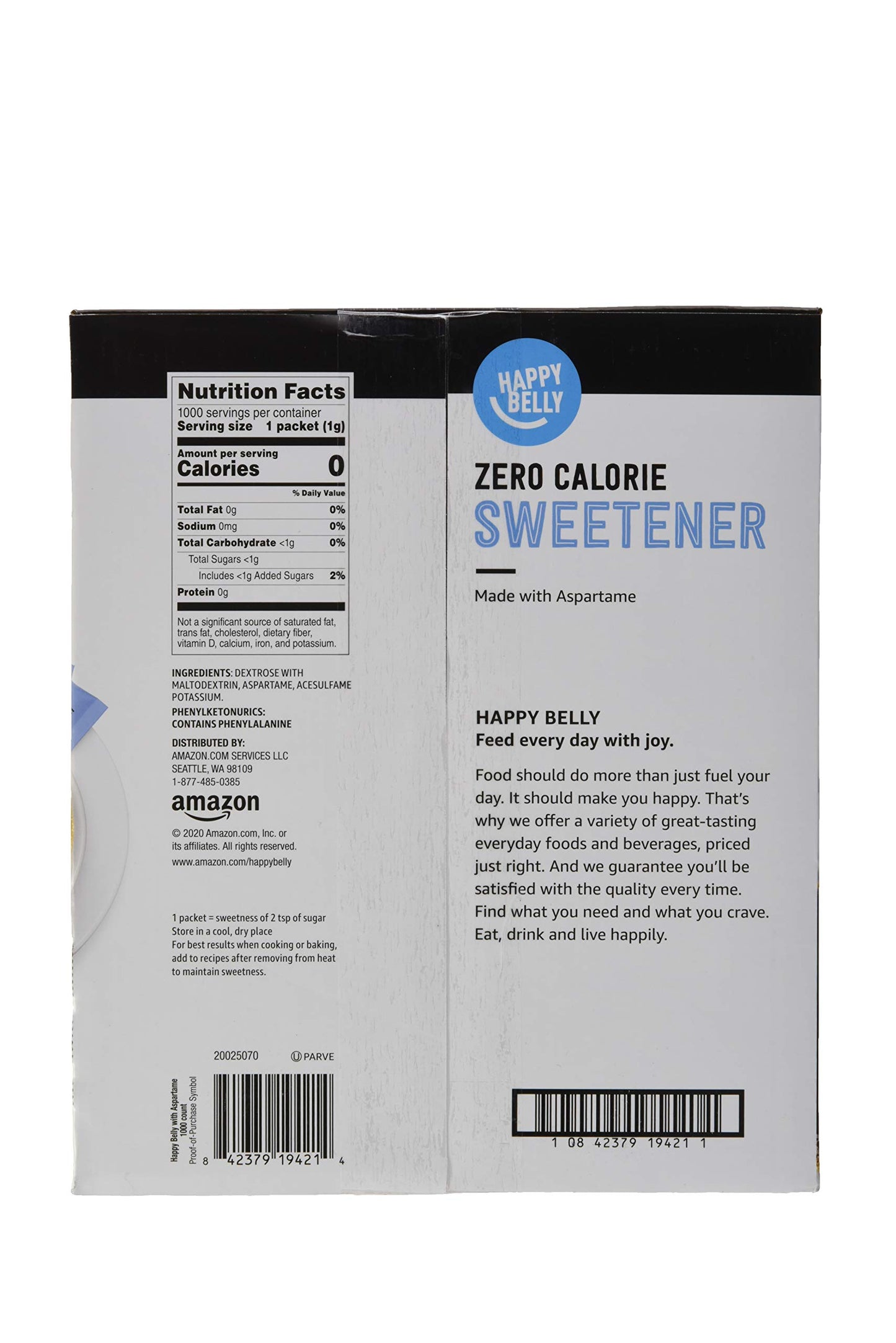 Happy Belly Zero Calorie Aspartame Sweetener Packets, 1000 Count, 35.2 Ounce, Powder